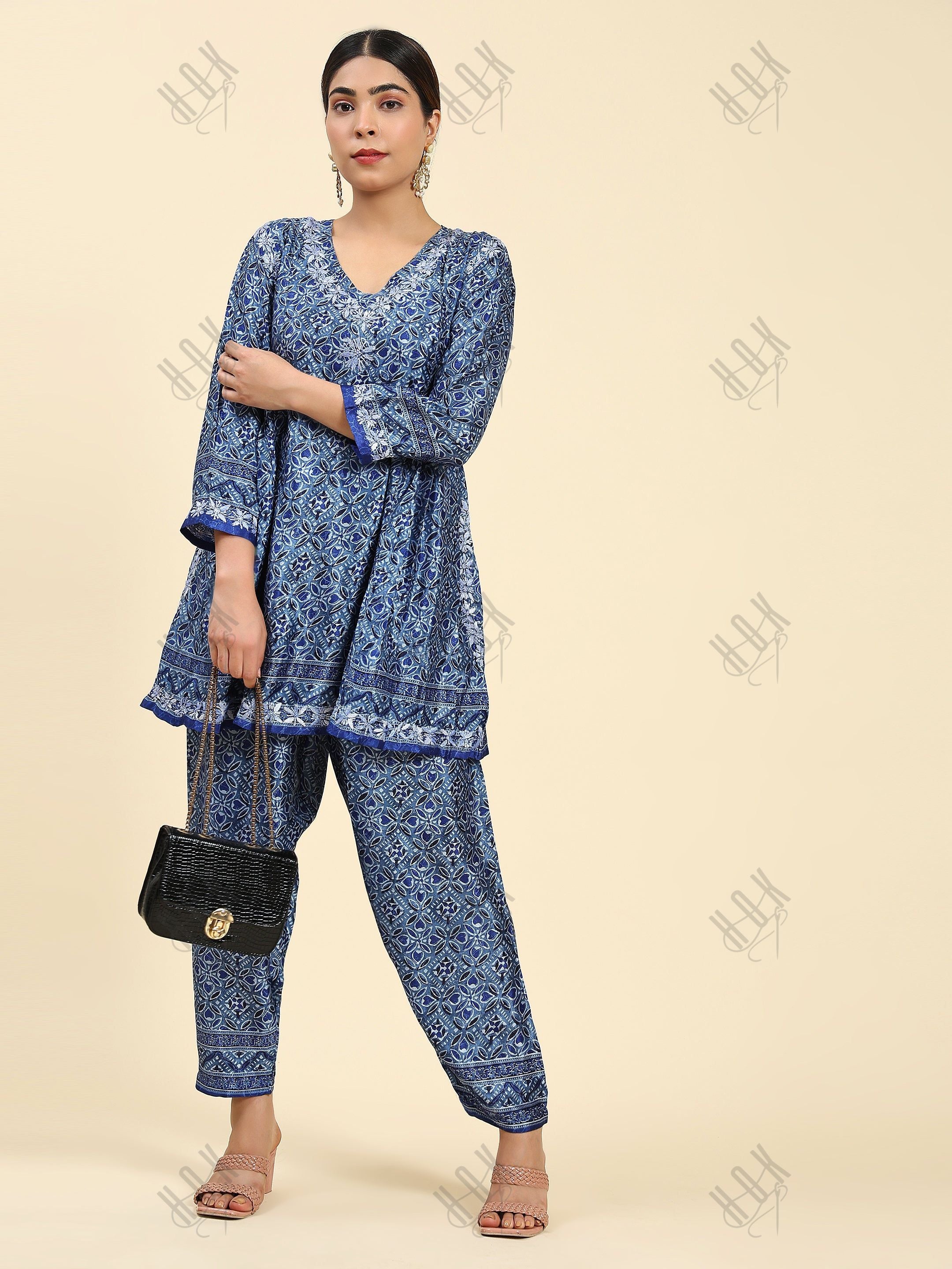 Samma Chikankari Co-ord Set in Polysilk for Women- Blue