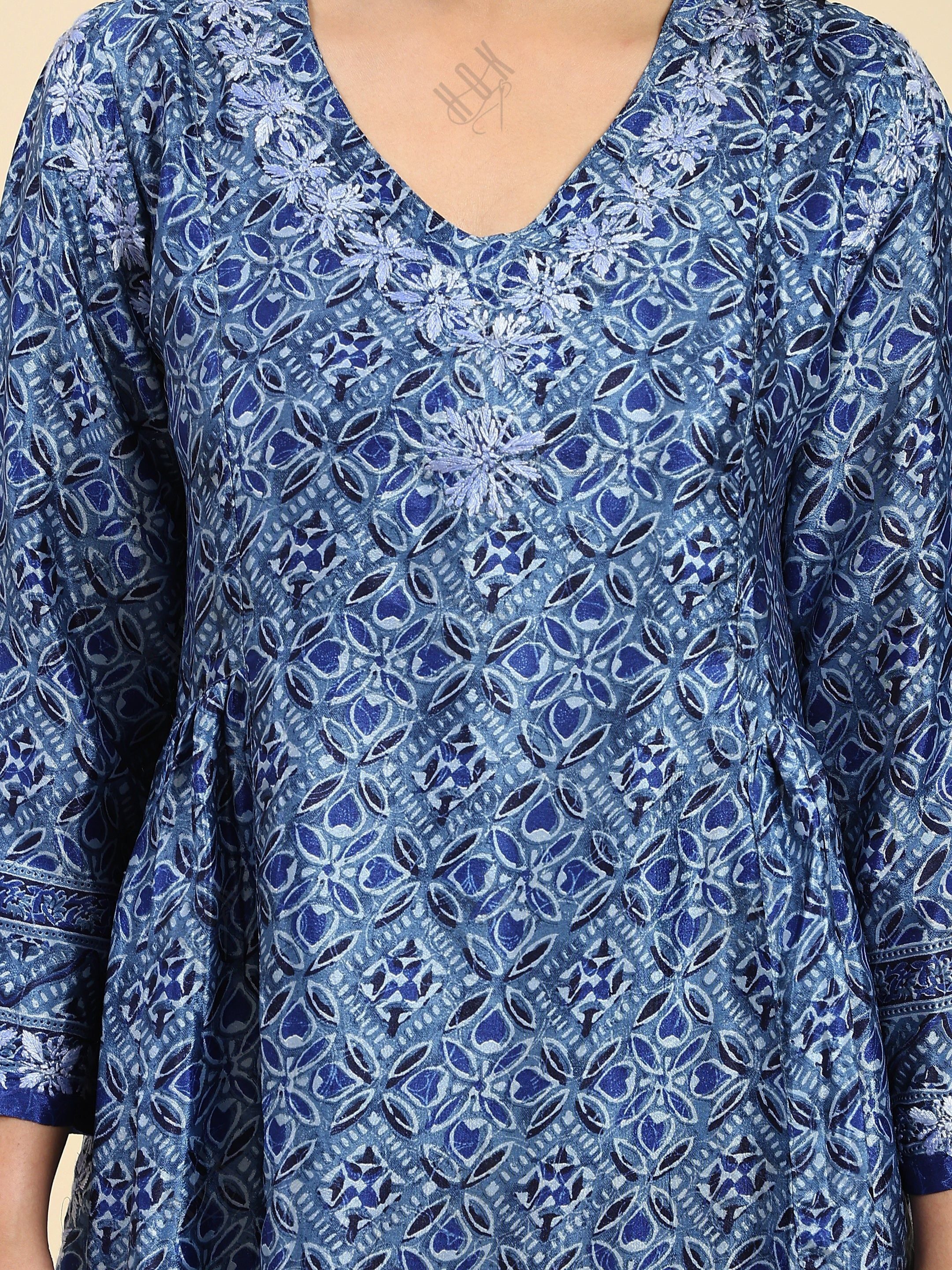 Samma Chikankari Co-ord Set in Polysilk for Women- Blue