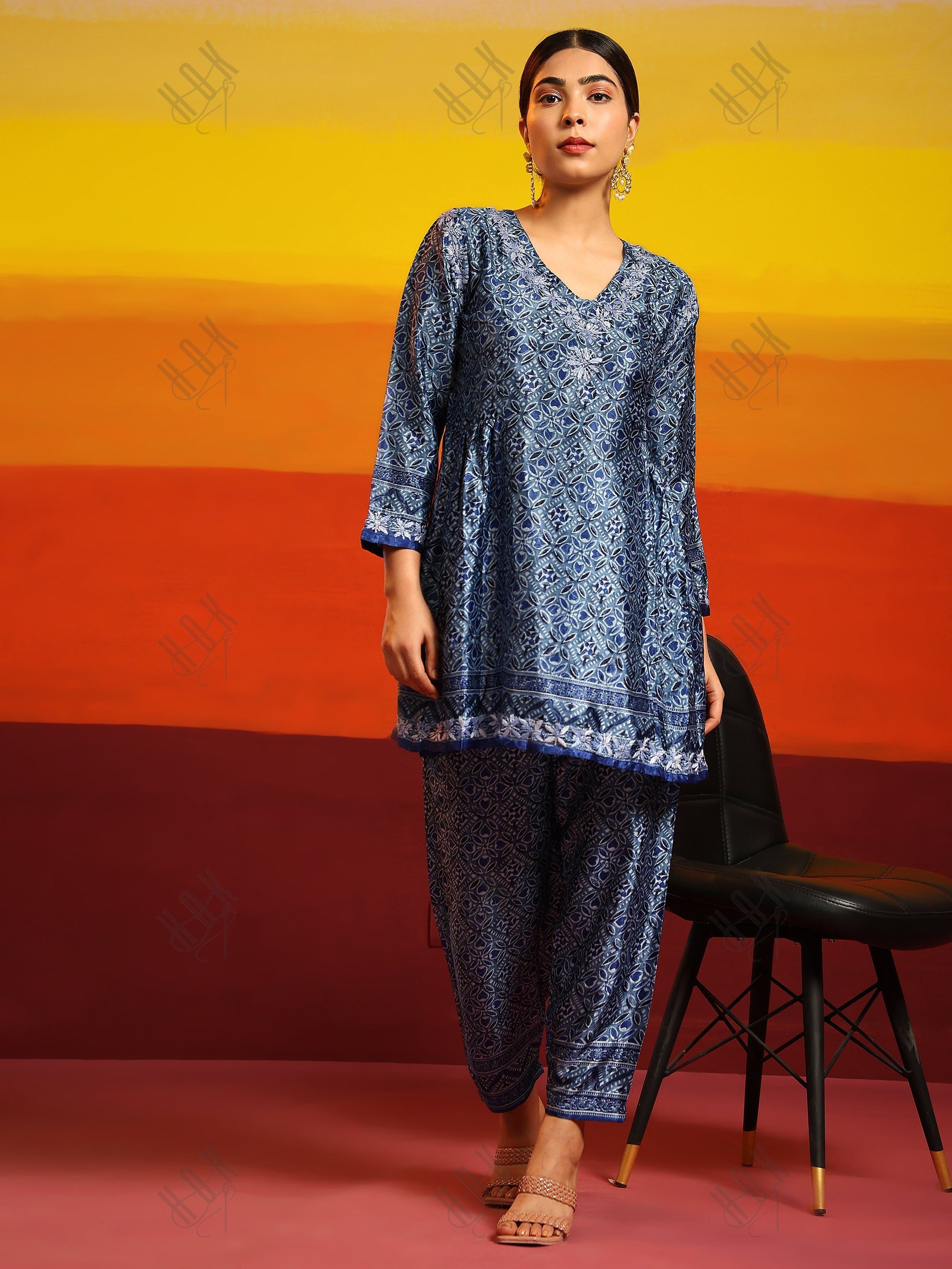 Samma Chikankari Co-ord Set in Polysilk for Women- Blue