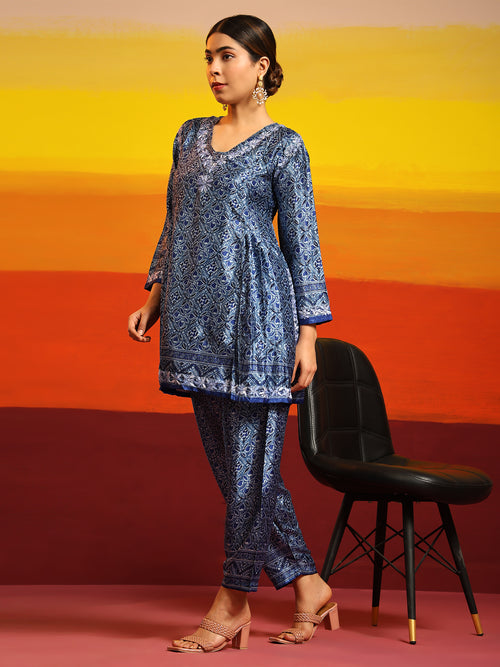 Samma Chikankari Co-ord Set in Polysilk for Women- Blue