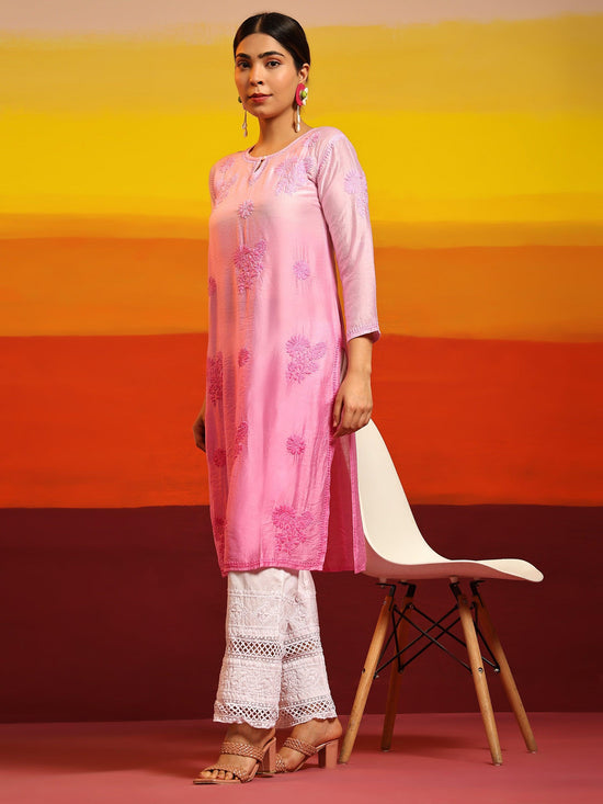 Samma Chikankari Long Kurta Notch neck in Chanderi Silk for Women - Rani Pink - House Of Kari (Chikankari Clothing)