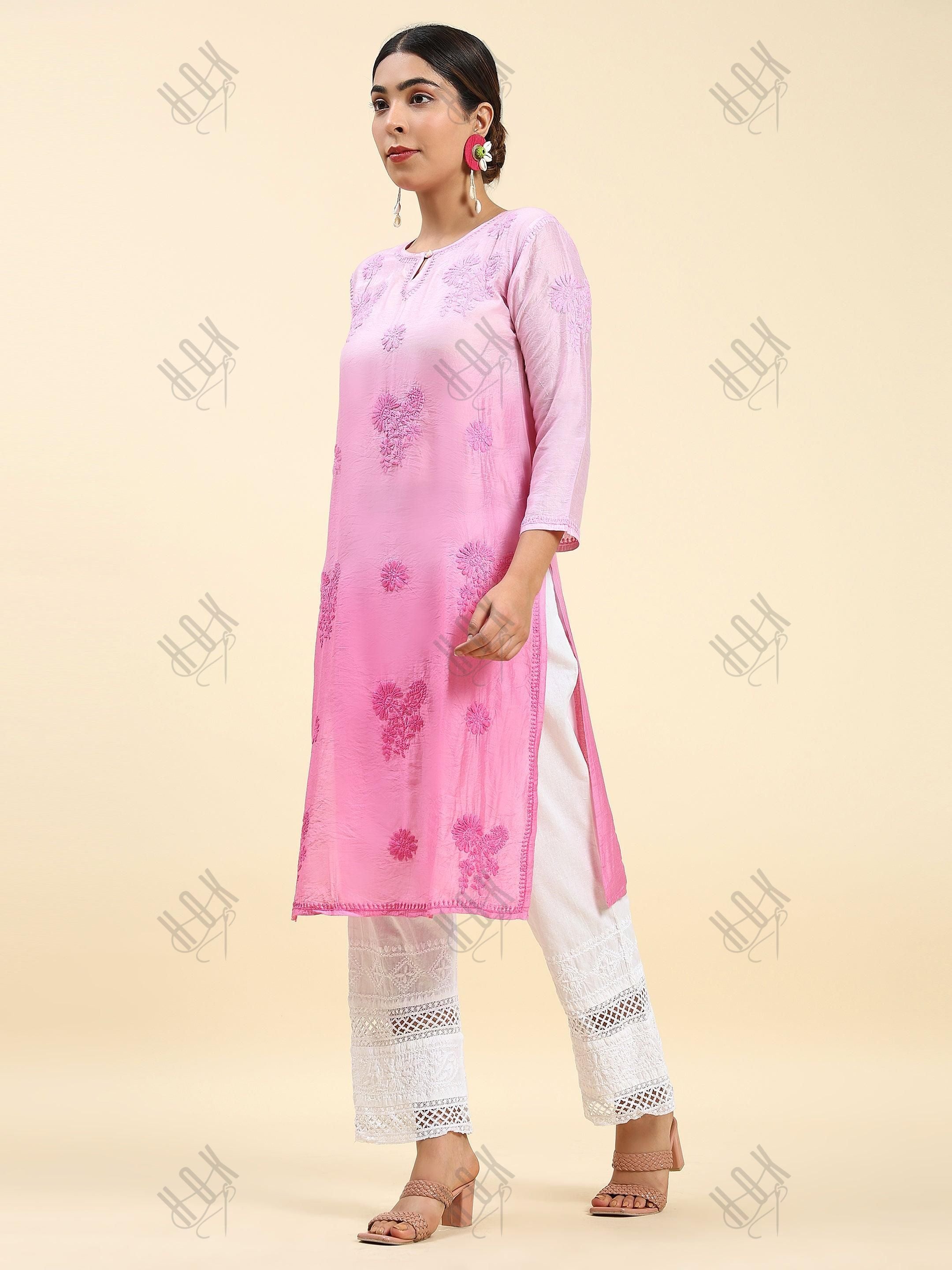 Samma Chikankari Long Kurta Notch neck in Chanderi Silk for Women - Rani Pink - House Of Kari (Chikankari Clothing)