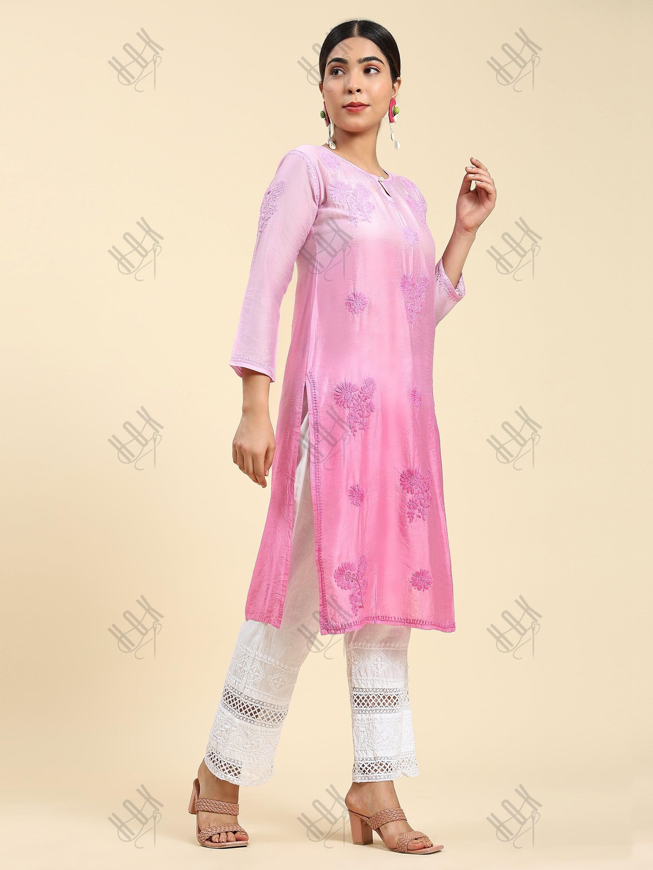 Samma Chikankari Long Kurta Notch neck in Chanderi Silk for Women - Rani Pink - House Of Kari (Chikankari Clothing)