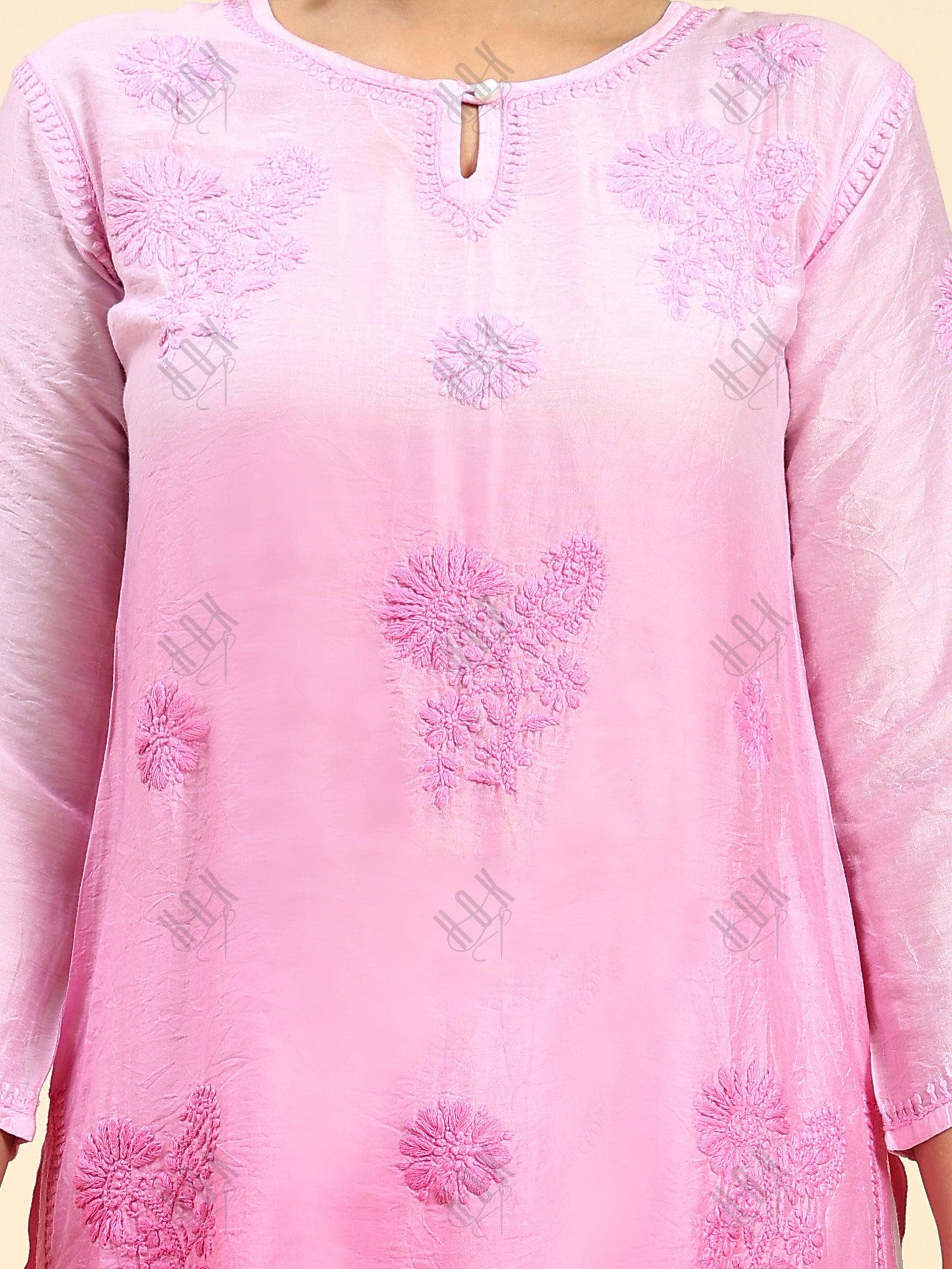 Samma Chikankari Long Kurta Notch neck in Chanderi Silk for Women - Rani Pink - House Of Kari (Chikankari Clothing)