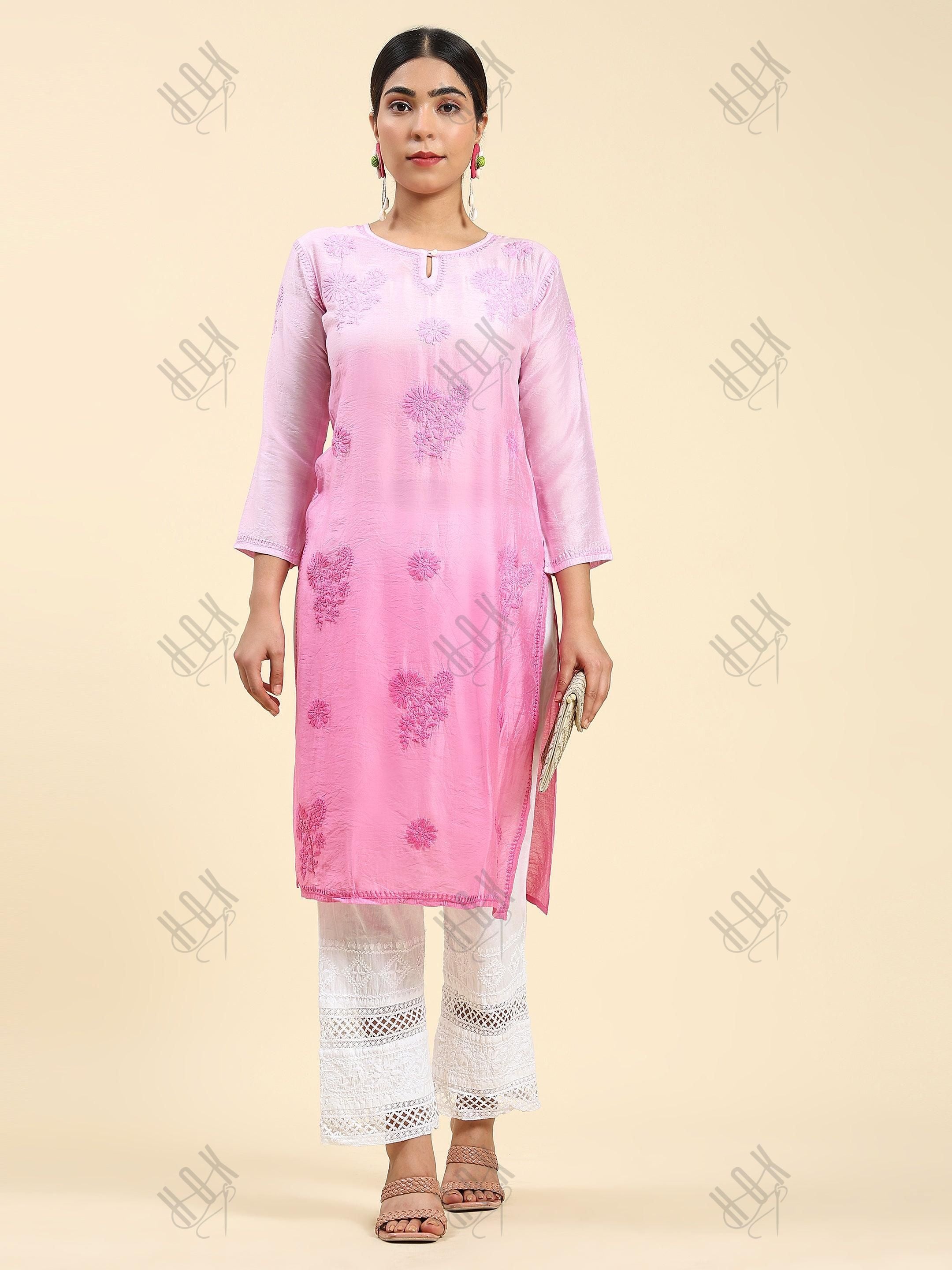 Samma Chikankari Long Kurta Notch neck in Chanderi Silk for Women - Rani Pink - House Of Kari (Chikankari Clothing)