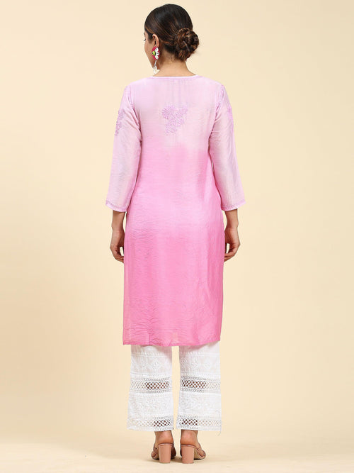 Samma Chikankari Long Kurta Notch neck in Chanderi Silk for Women - Rani Pink - House Of Kari (Chikankari Clothing)