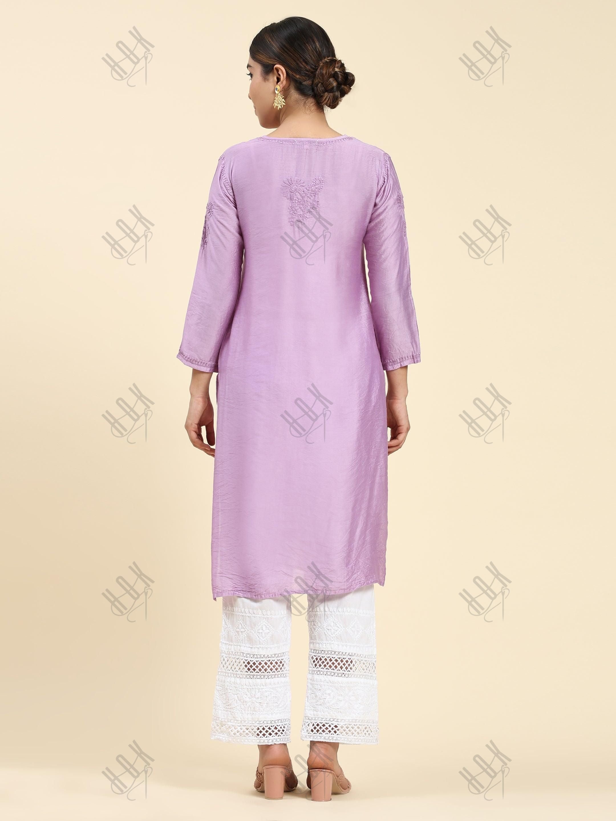 Samma Chikankari Long Kurta Notch Neck in Chanderi Silk for Women - Purple - House Of Kari (Chikankari Clothing)