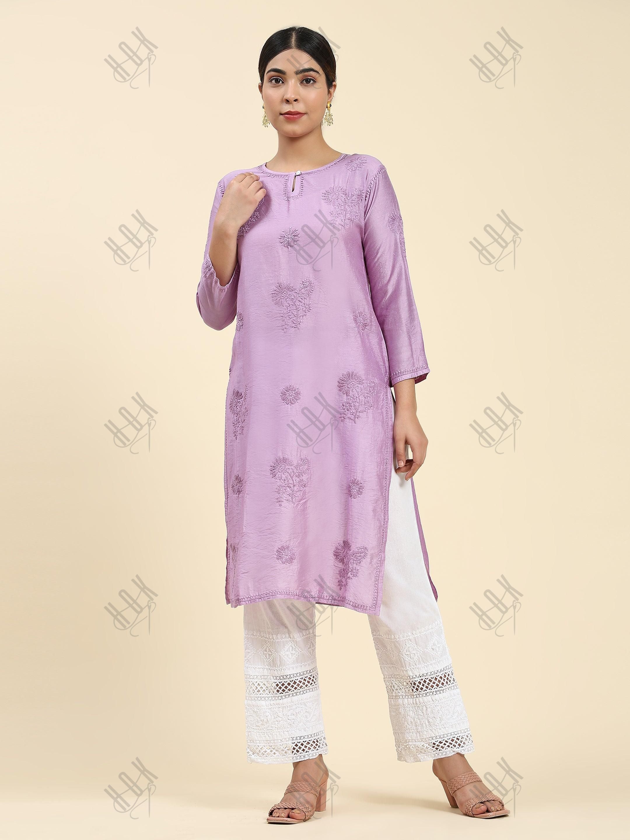 Samma Chikankari Long Kurta Notch Neck in Chanderi Silk for Women - Purple - House Of Kari (Chikankari Clothing)