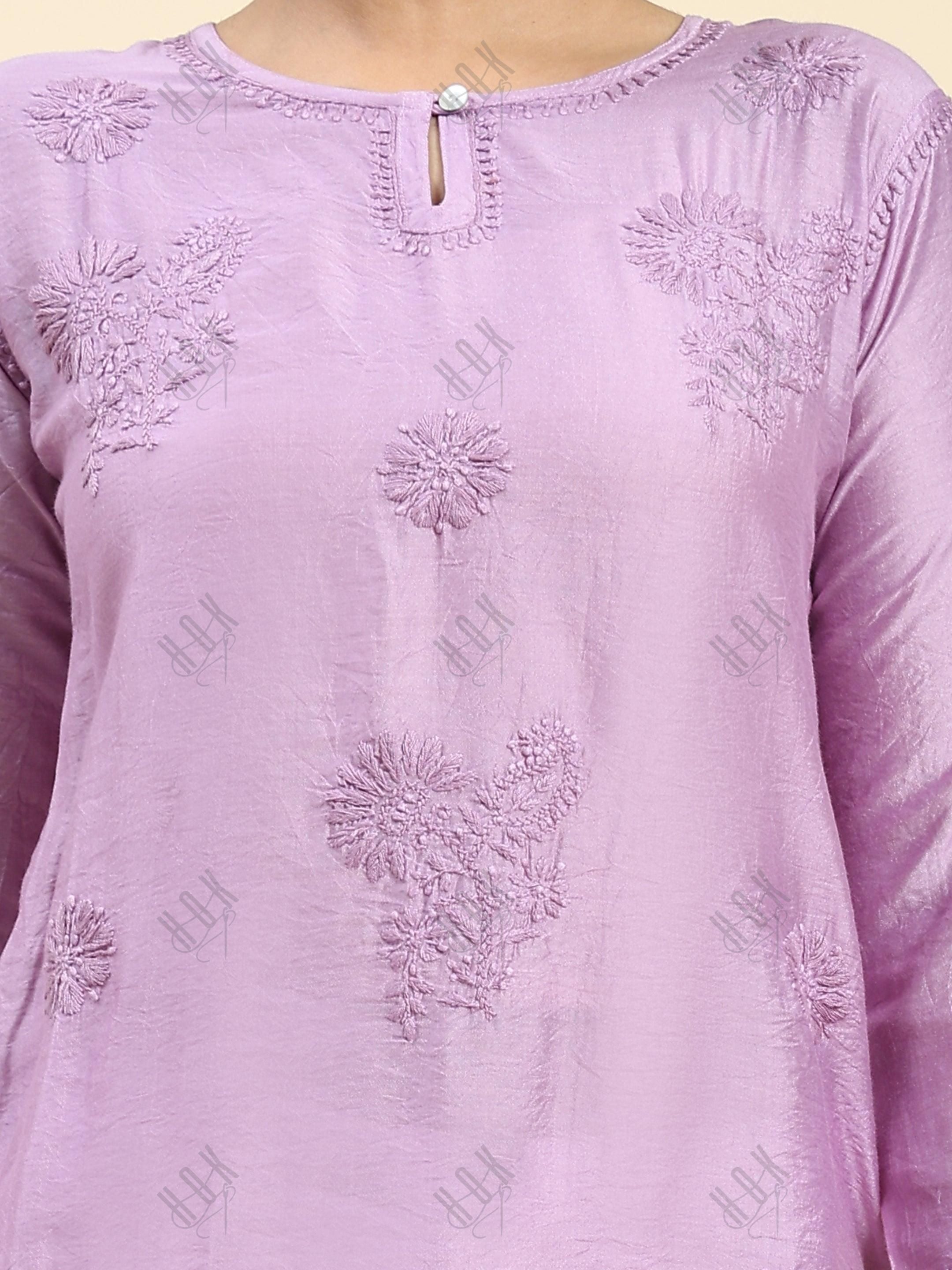 Samma Chikankari Long Kurta Notch Neck in Chanderi Silk for Women - Purple - House Of Kari (Chikankari Clothing)