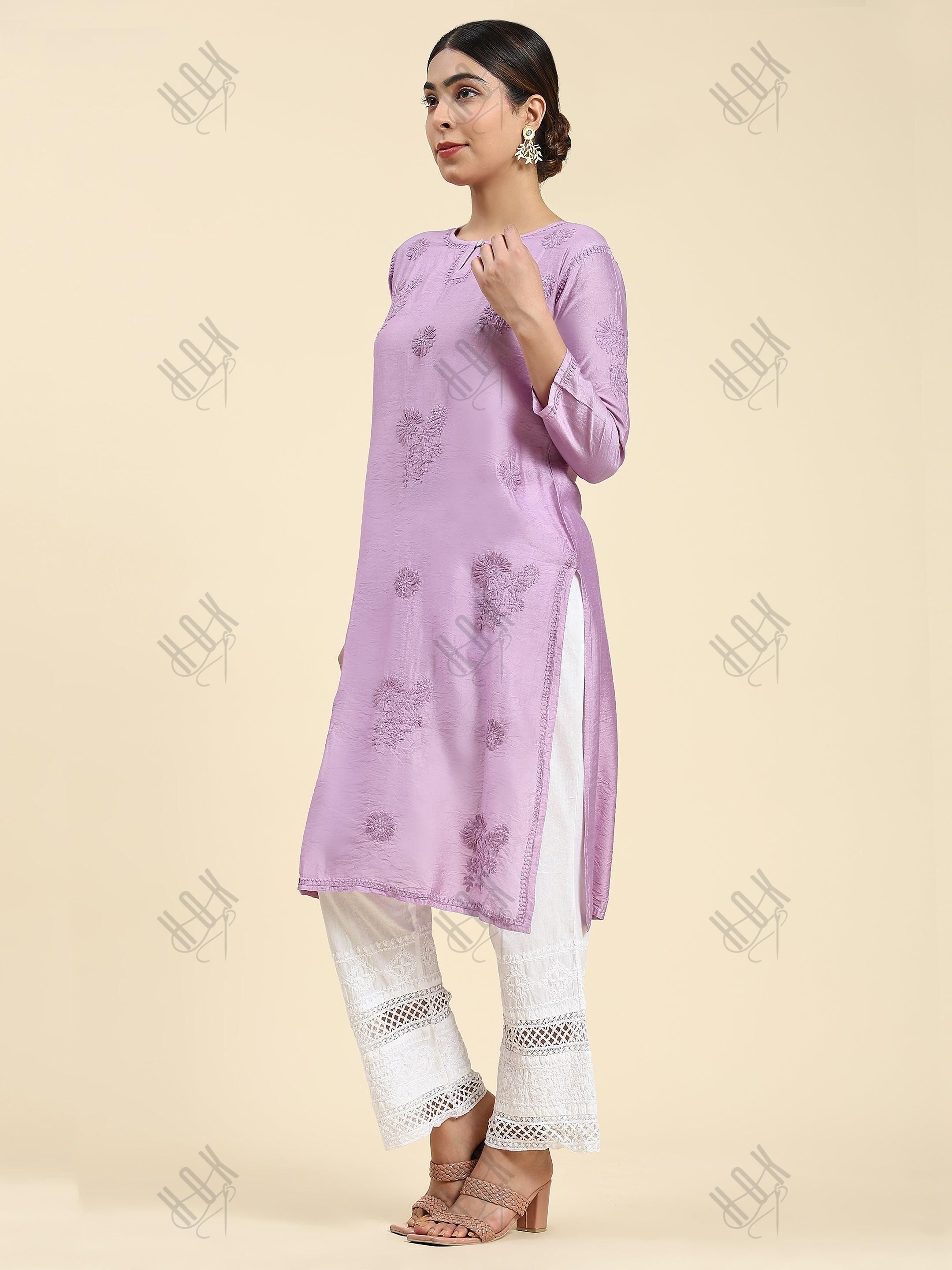 Samma Chikankari Long Kurta Notch Neck in Chanderi Silk for Women - Purple - House Of Kari (Chikankari Clothing)