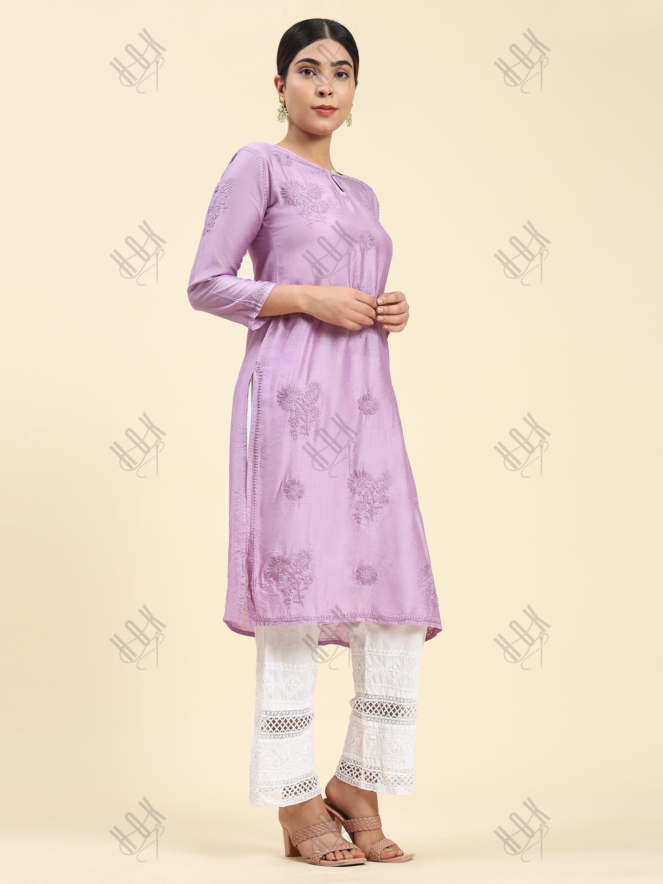 Samma Chikankari Long Kurta Notch Neck in Chanderi Silk for Women - Purple - House Of Kari (Chikankari Clothing)