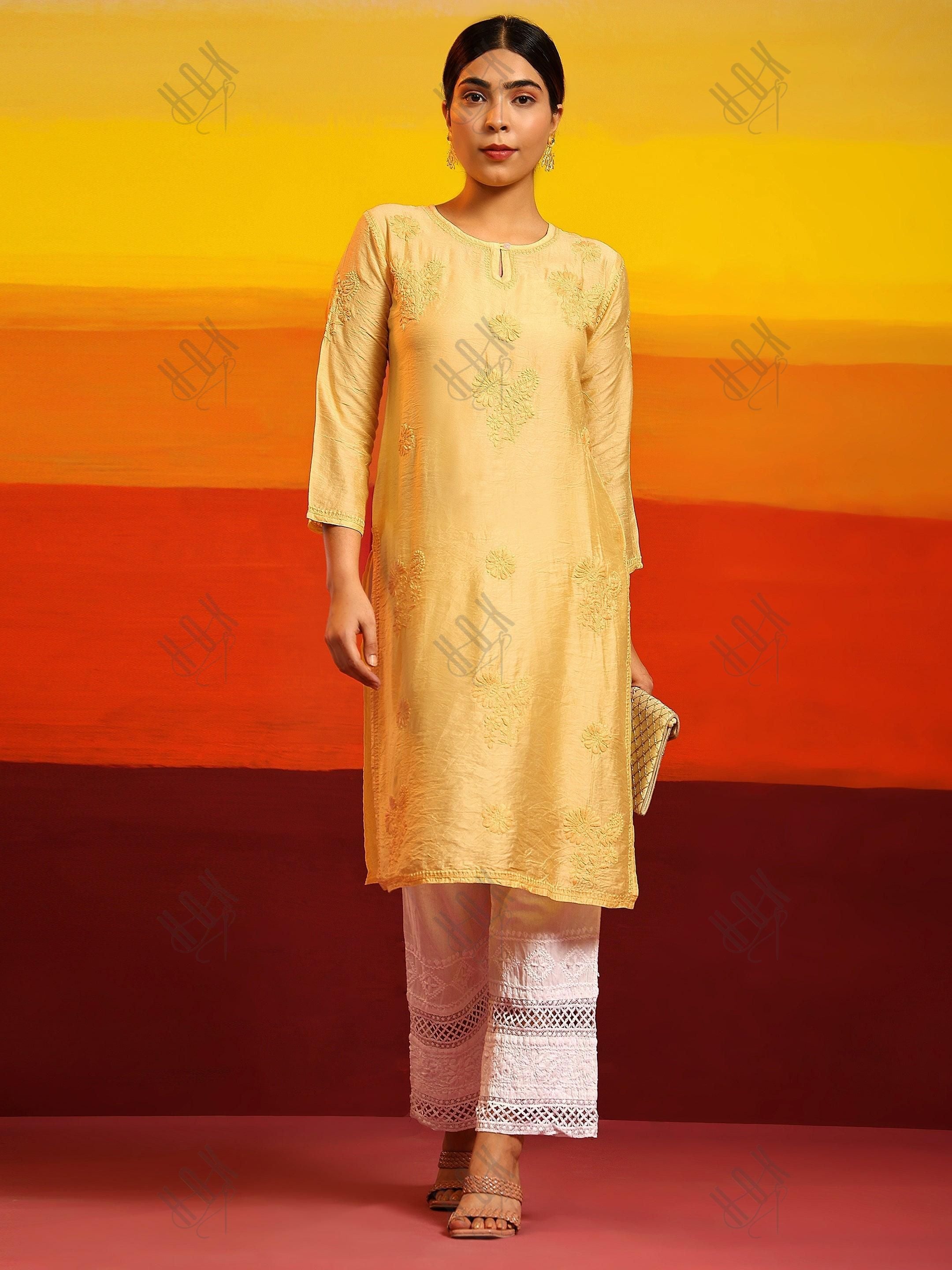 Miesha in House of kari Long Kurta in Chanderi Silk Long Kurta for Women - Yellow - House Of Kari (Chikankari Clothing)