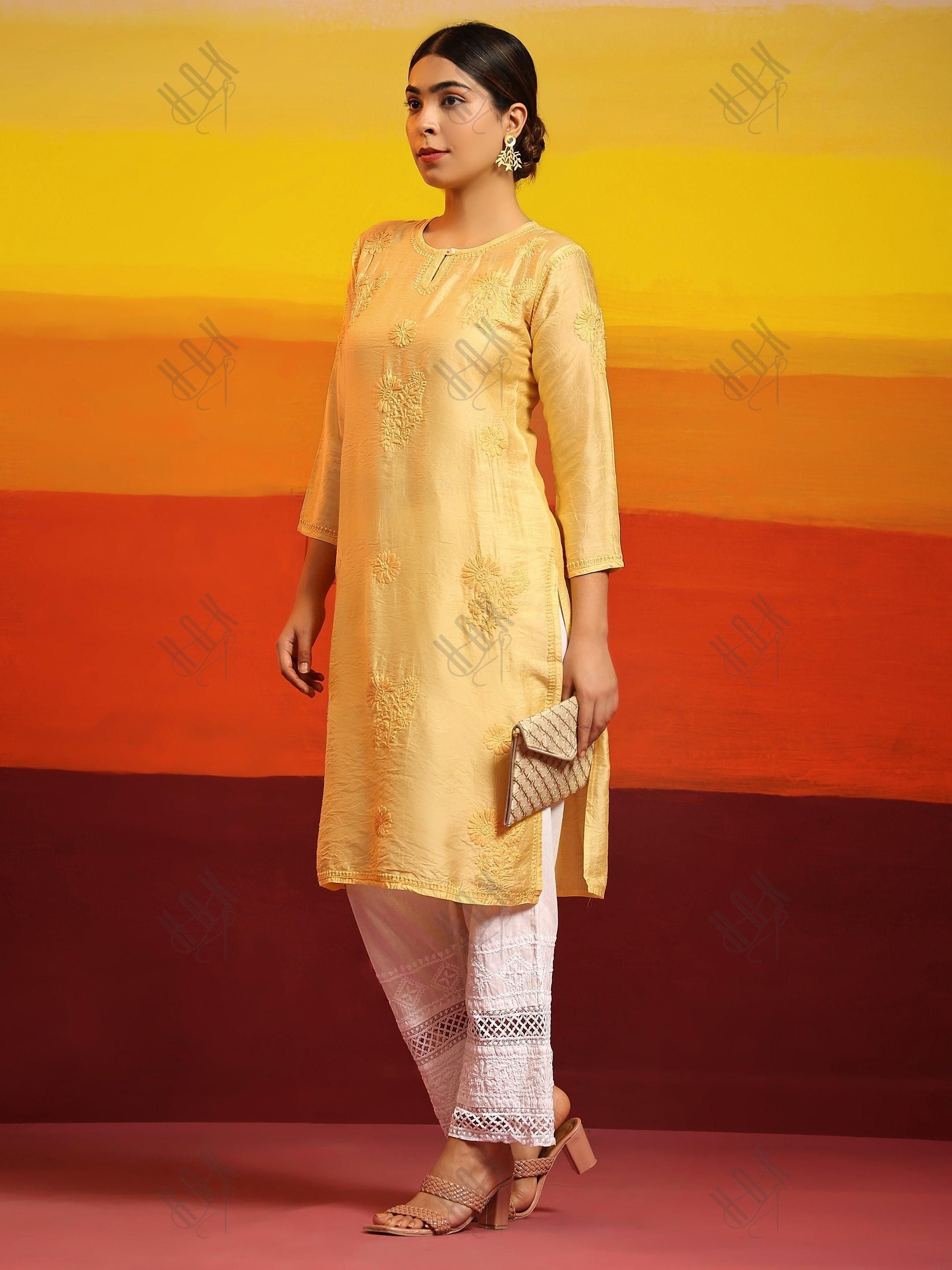 Miesha in House of kari Long Kurta in Chanderi Silk Long Kurta for Women - Yellow - House Of Kari (Chikankari Clothing)