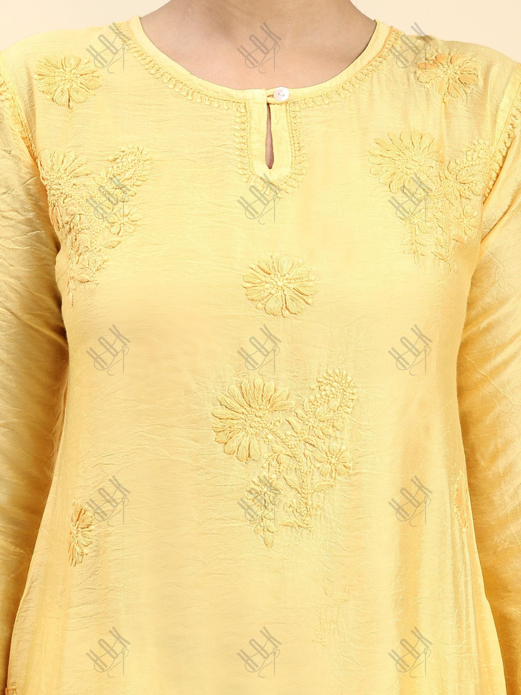 Miesha in House of kari Long Kurta in Chanderi Silk Long Kurta for Women - Yellow - House Of Kari (Chikankari Clothing)