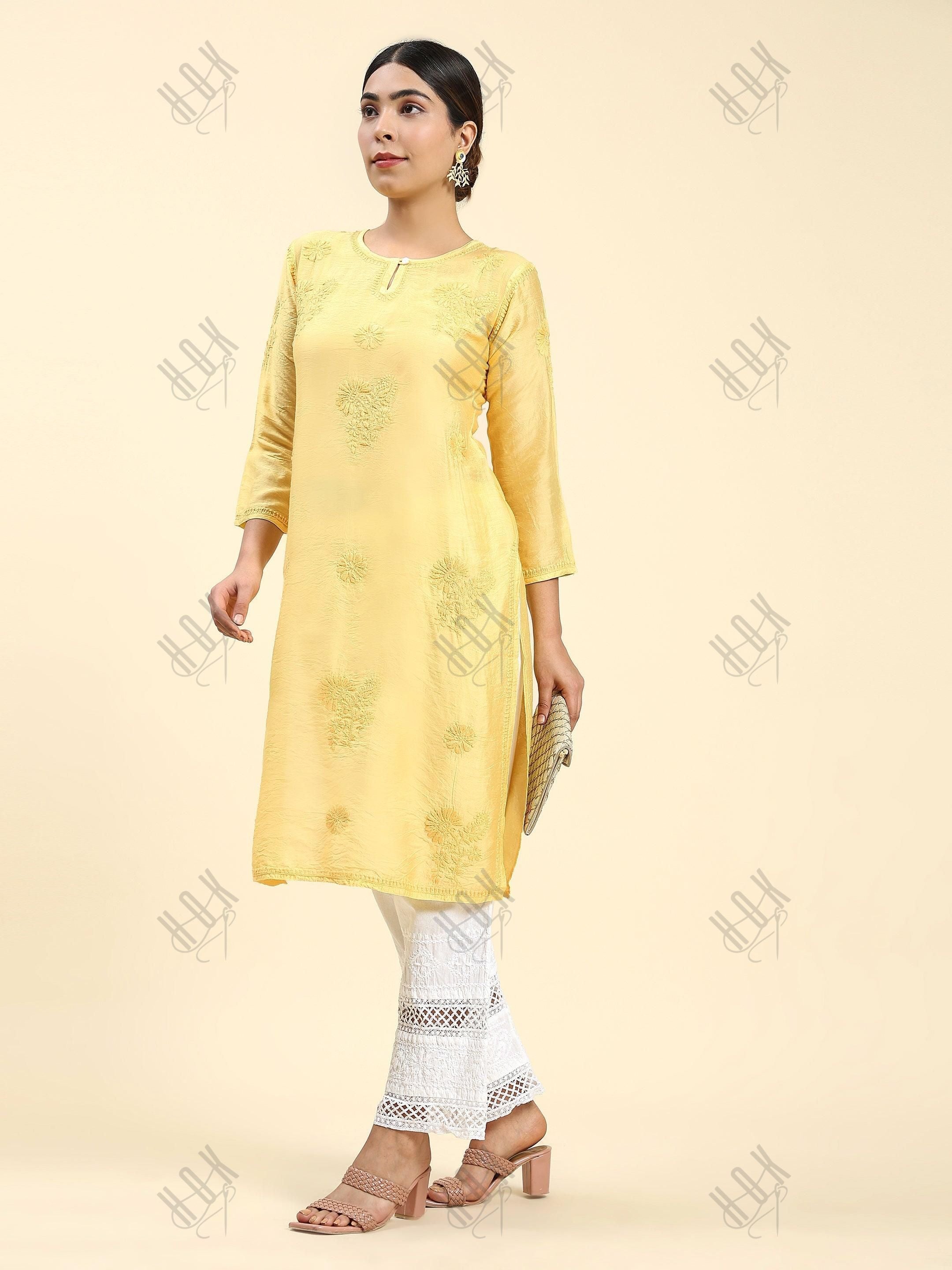 Miesha in House of kari Long Kurta in Chanderi Silk Long Kurta for Women - Yellow - House Of Kari (Chikankari Clothing)