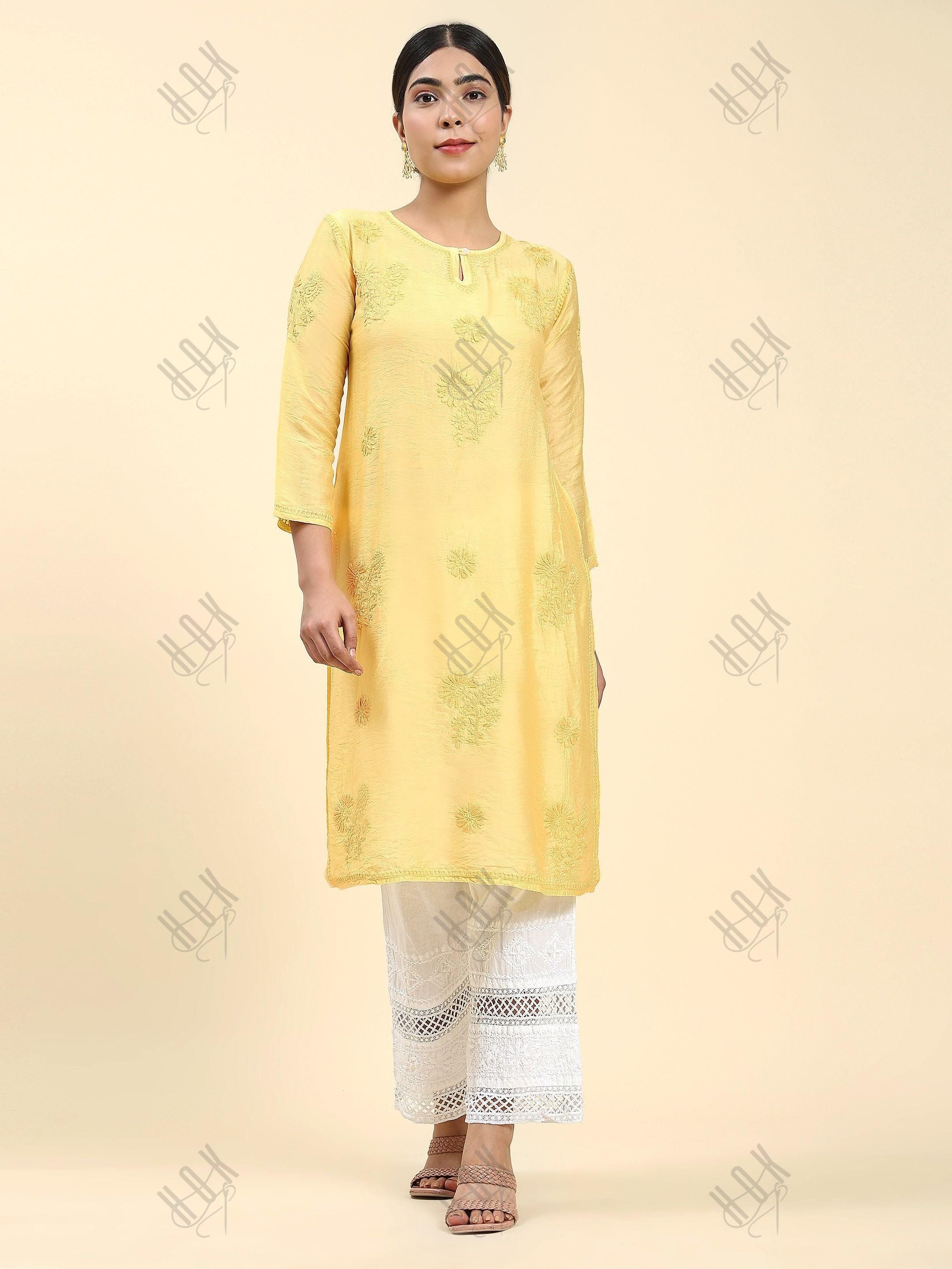 Miesha in House of kari Long Kurta in Chanderi Silk Long Kurta for Wom -  House Of Kari (Chikankari Clothing)