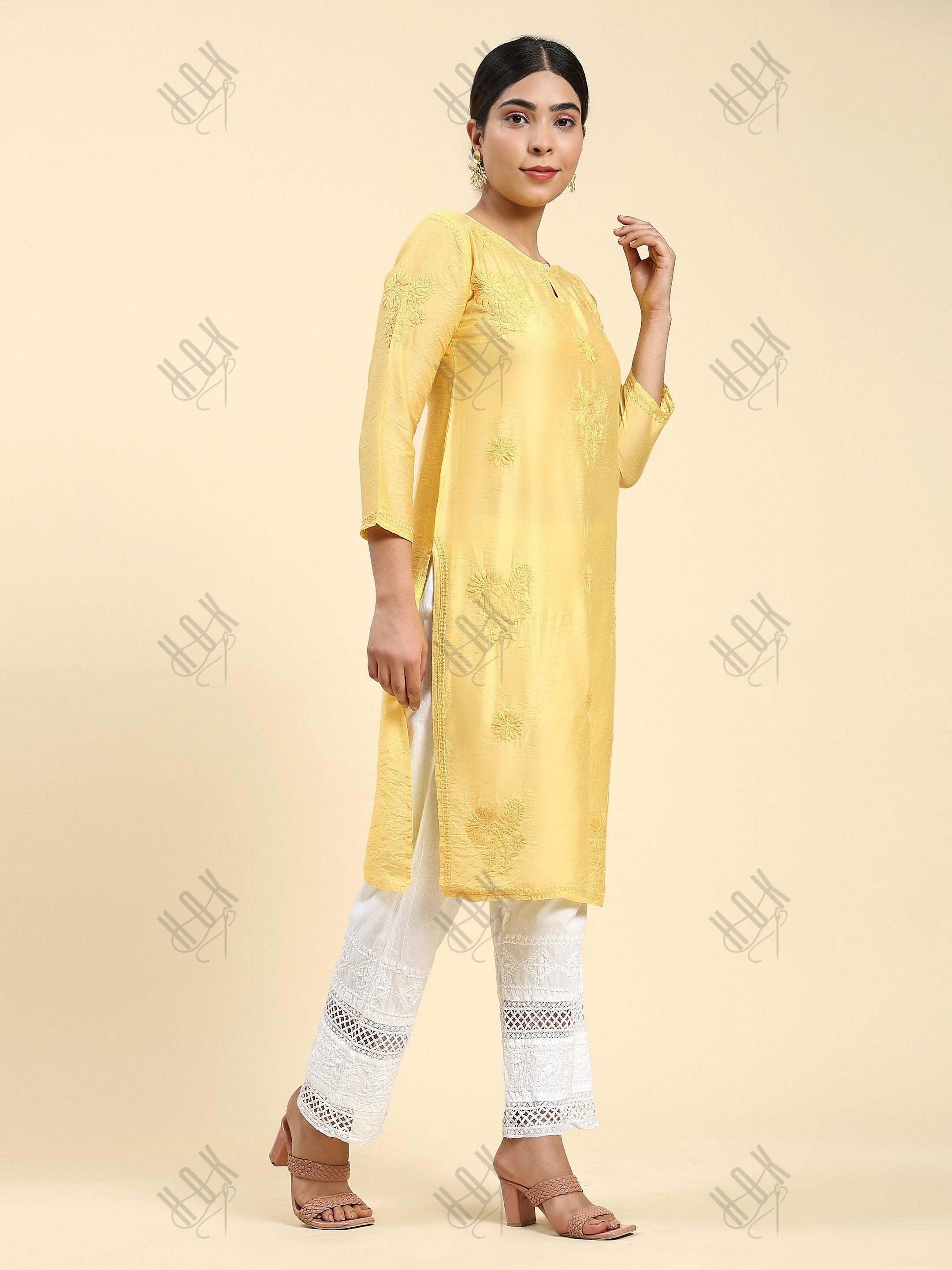 Miesha in House of kari Long Kurta in Chanderi Silk Long Kurta for Women - Yellow - House Of Kari (Chikankari Clothing)