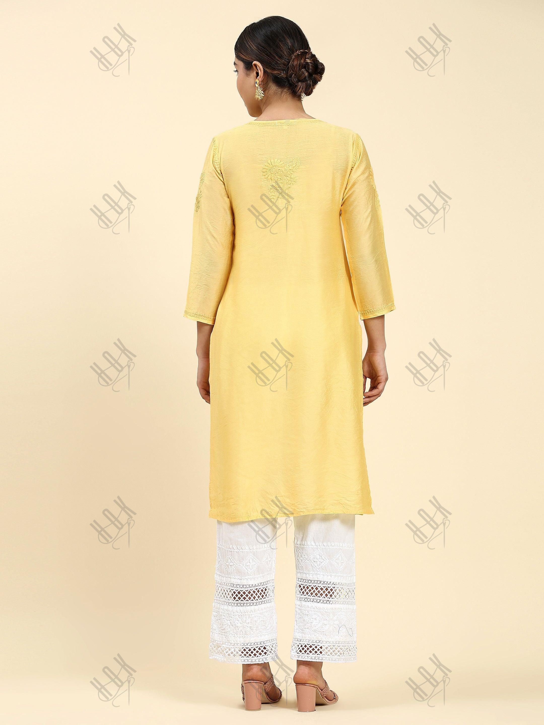 Miesha in House of kari Long Kurta in Chanderi Silk Long Kurta for Women - Yellow - House Of Kari (Chikankari Clothing)