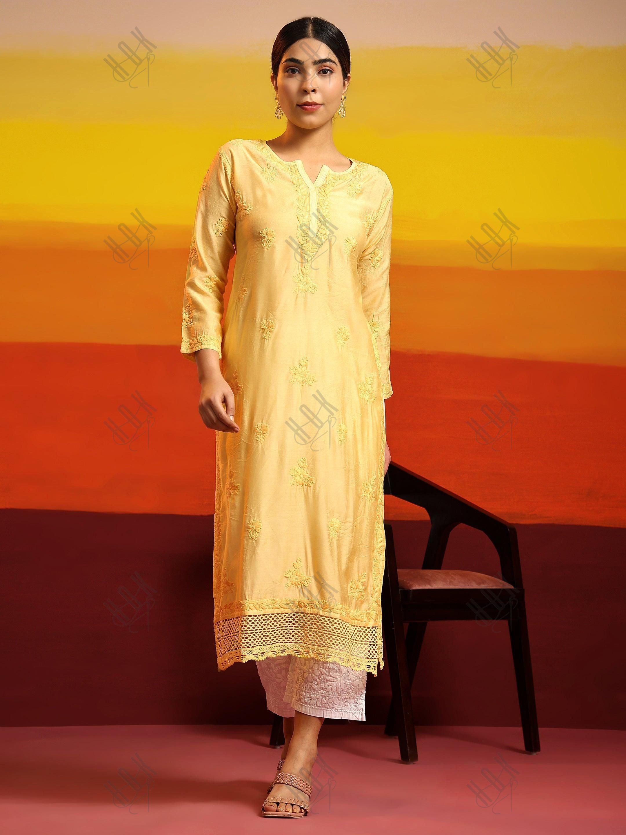 Samma Chikankari Long Kurta in Chanderi Silk for Women - Yellow - House Of Kari (Chikankari Clothing)