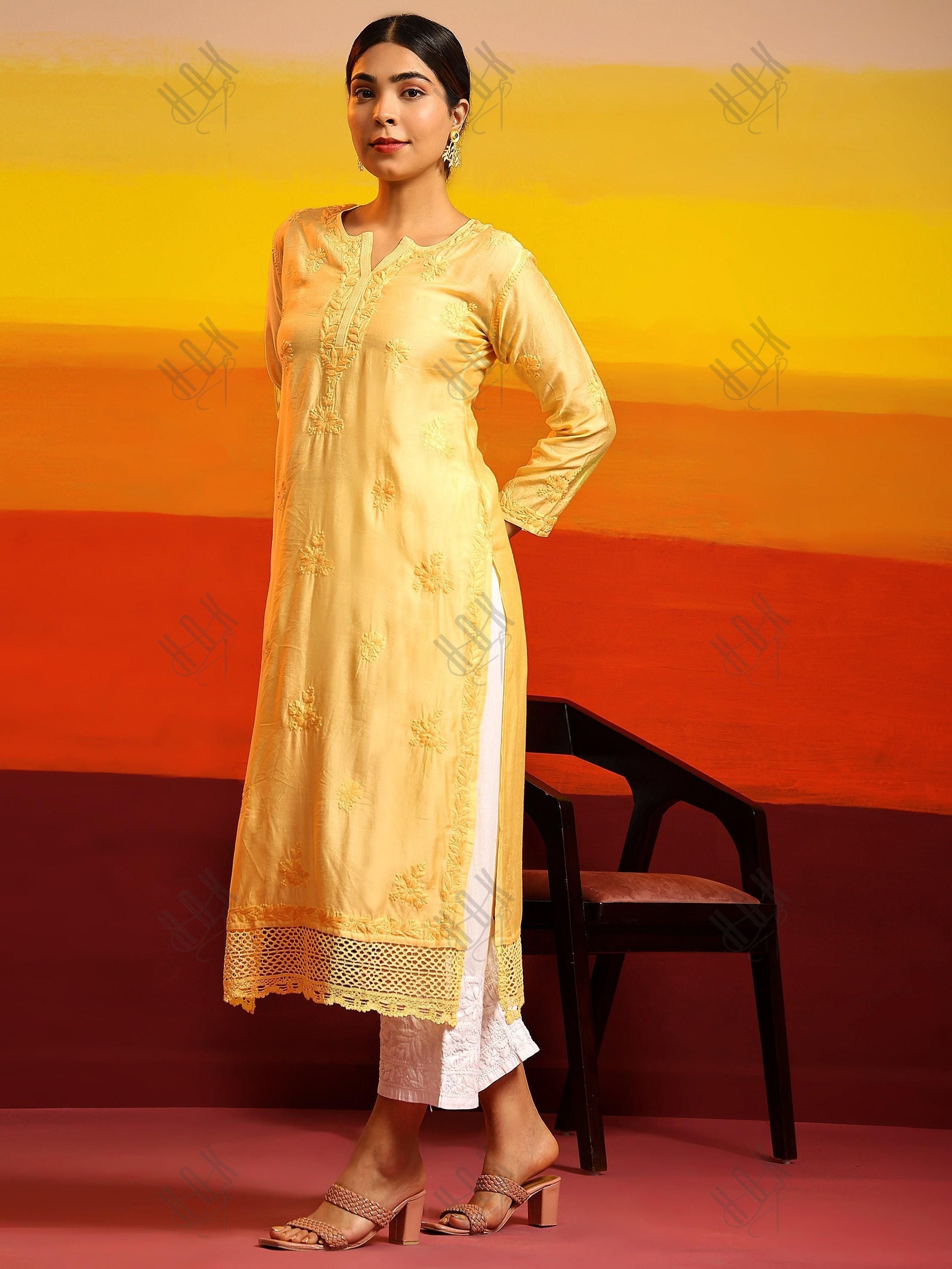 Samma Chikankari Long Kurta in Chanderi Silk for Women - Yellow - House Of Kari (Chikankari Clothing)