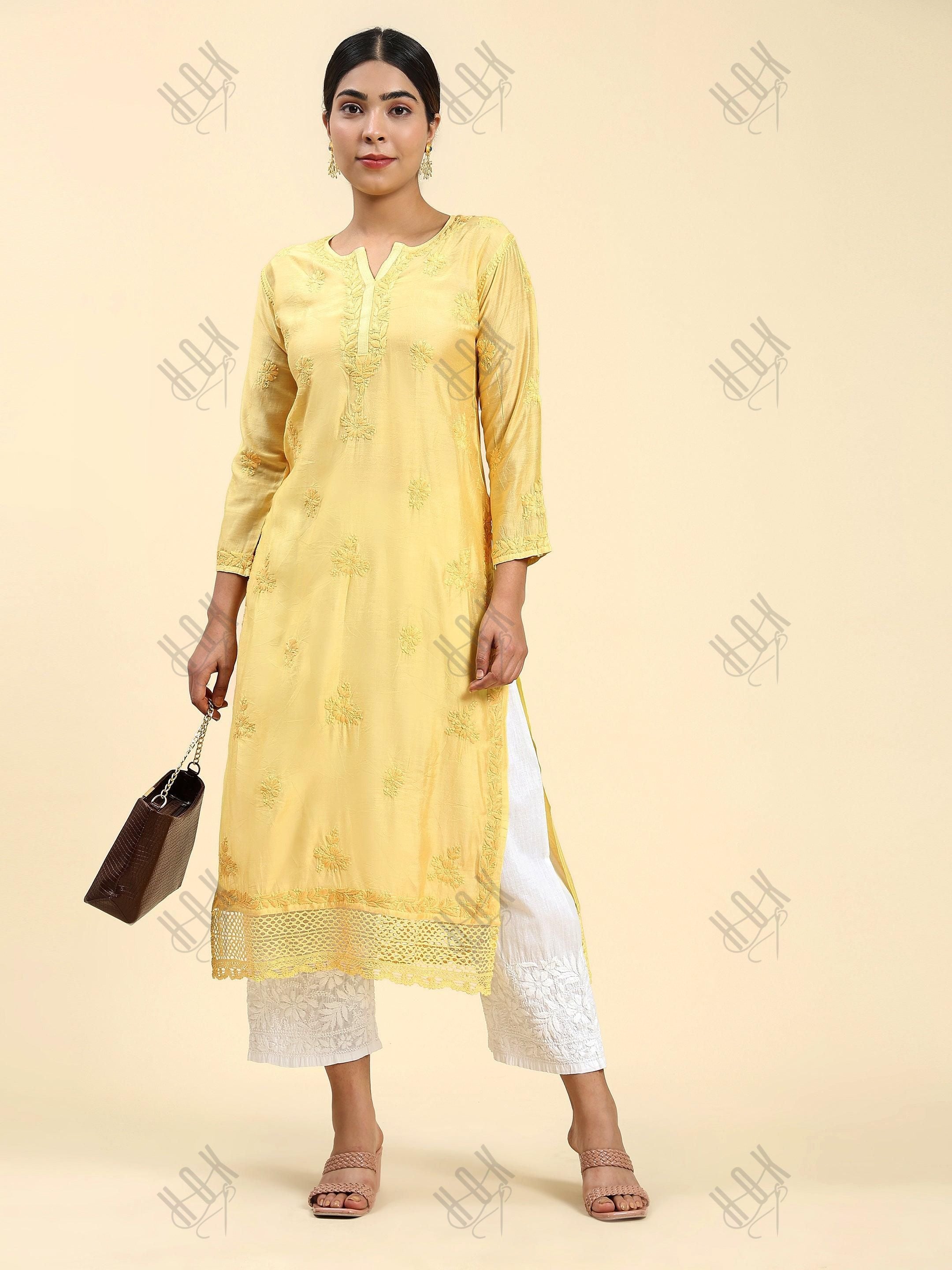 Samma Chikankari Long Kurta in Chanderi Silk for Women - Yellow - House Of Kari (Chikankari Clothing)