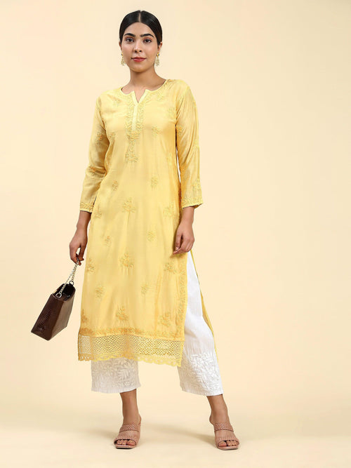 Samma Chikankari Long Kurta in Chanderi Silk for Women - Yellow - House Of Kari (Chikankari Clothing)