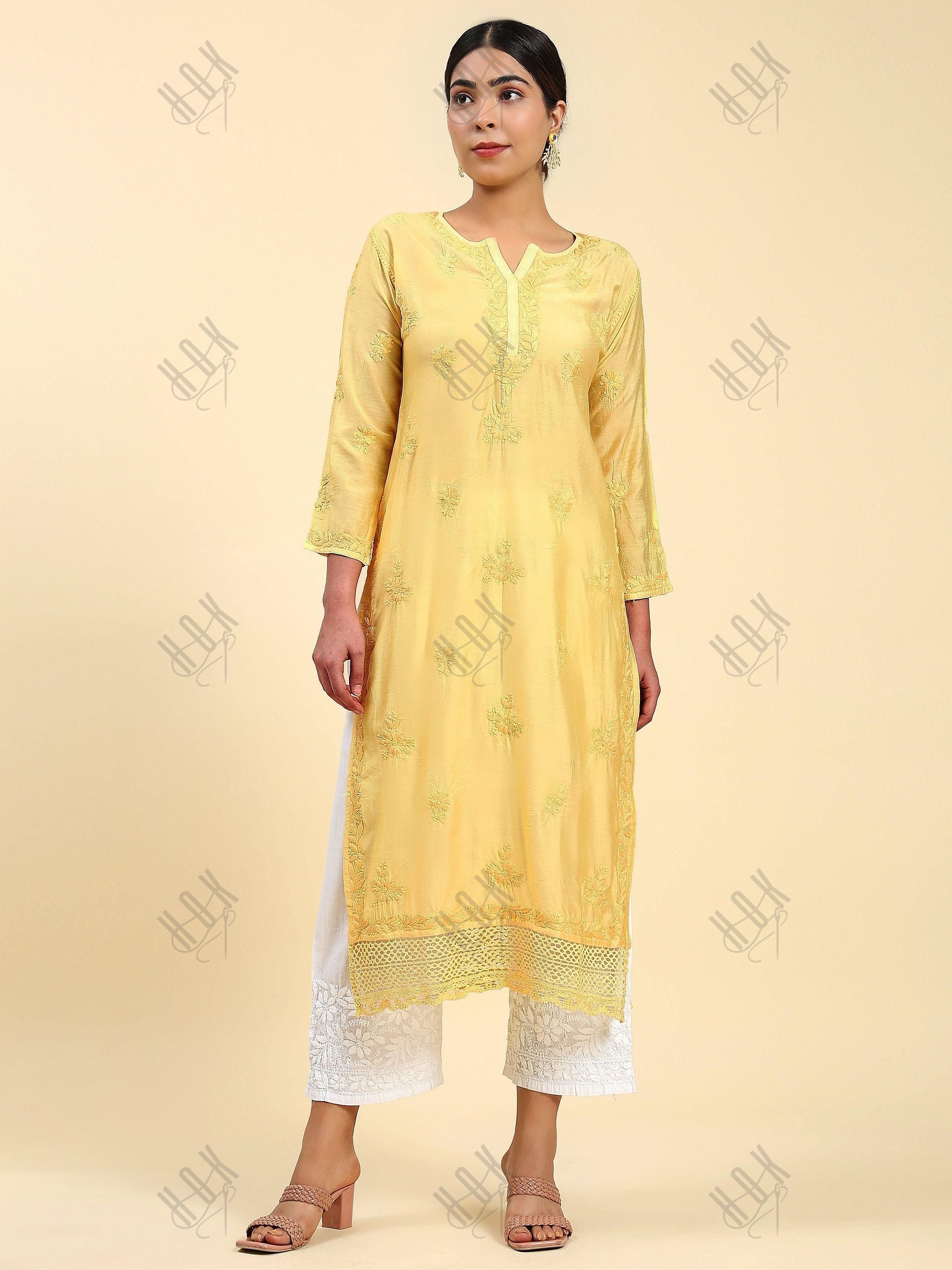 Samma Chikankari Long Kurta in Chanderi Silk for Women - Yellow - House Of Kari (Chikankari Clothing)