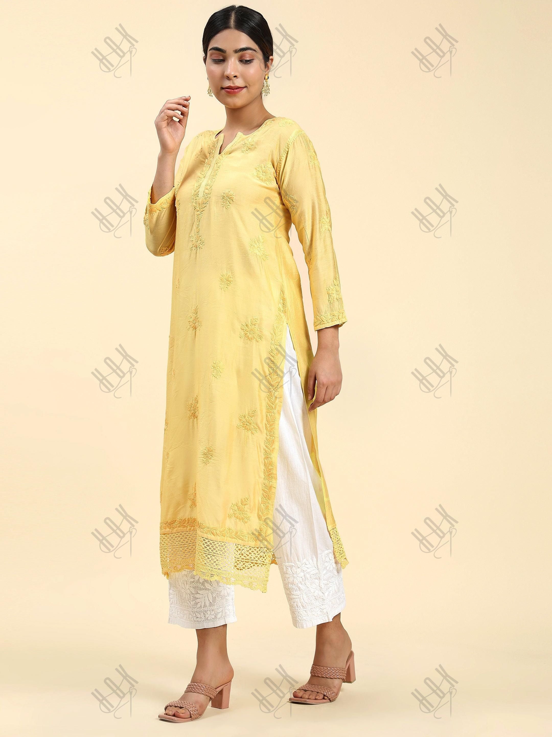 Samma Chikankari Long Kurta in Chanderi Silk for Women - Yellow - House Of Kari (Chikankari Clothing)