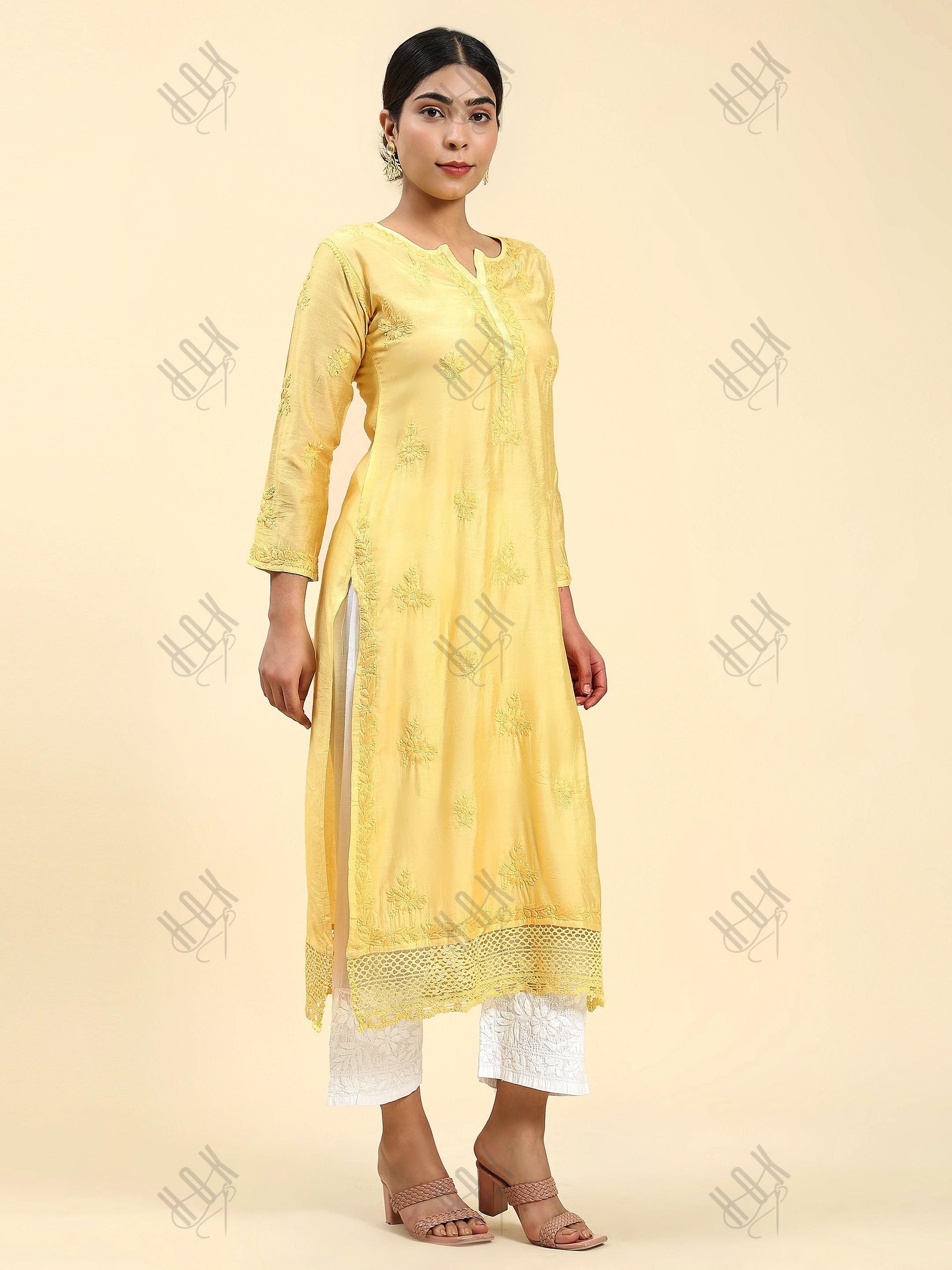 Samma Chikankari Long Kurta in Chanderi Silk for Women - Yellow - House Of Kari (Chikankari Clothing)