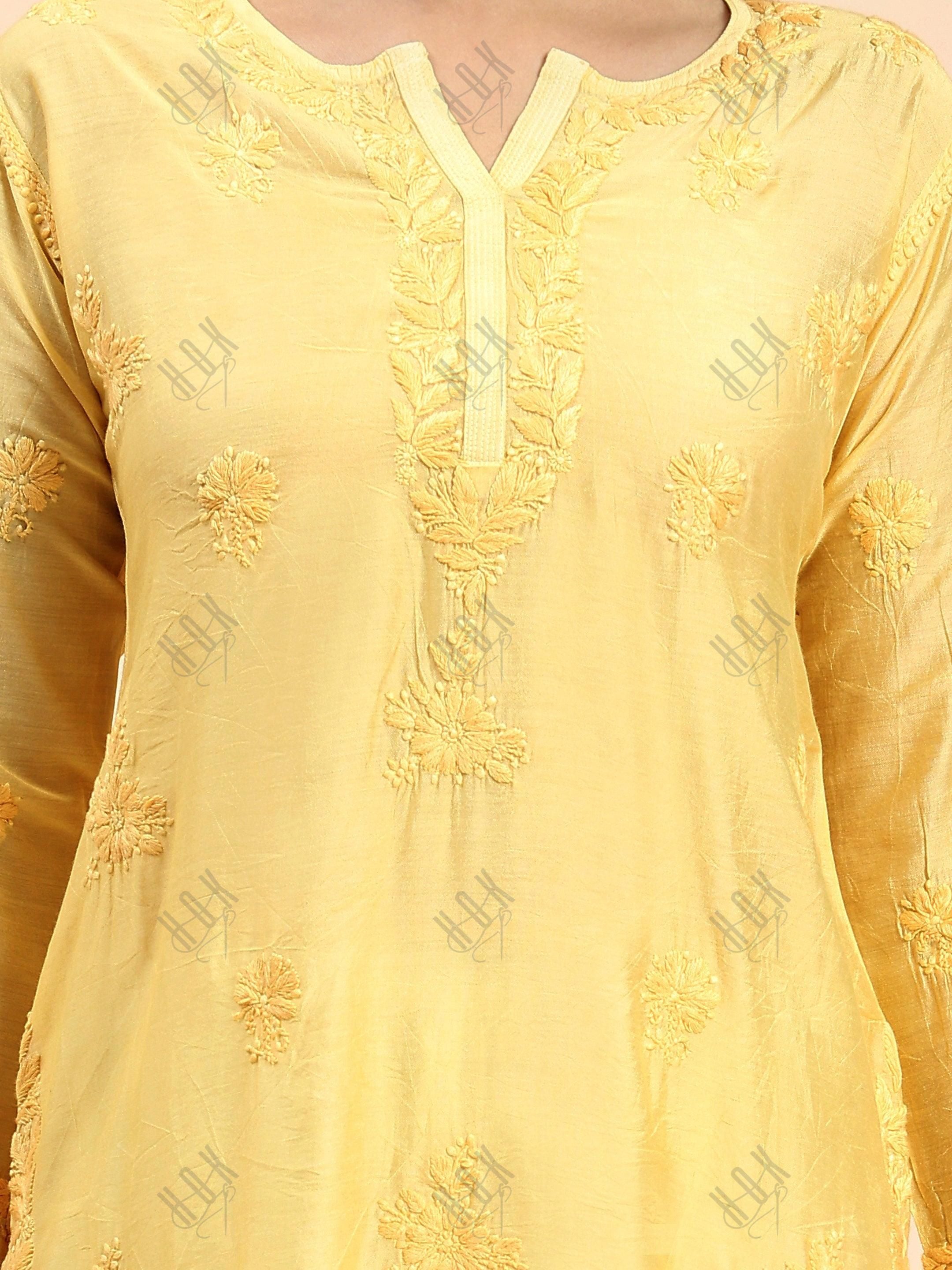 Samma Chikankari Long Kurta in Chanderi Silk for Women - Yellow - House Of Kari (Chikankari Clothing)