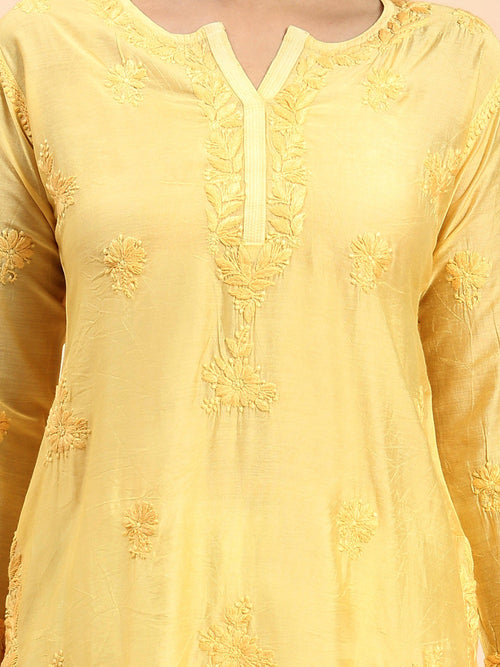 Samma Chikankari Long Kurta in Chanderi Silk for Women - Yellow - House Of Kari (Chikankari Clothing)