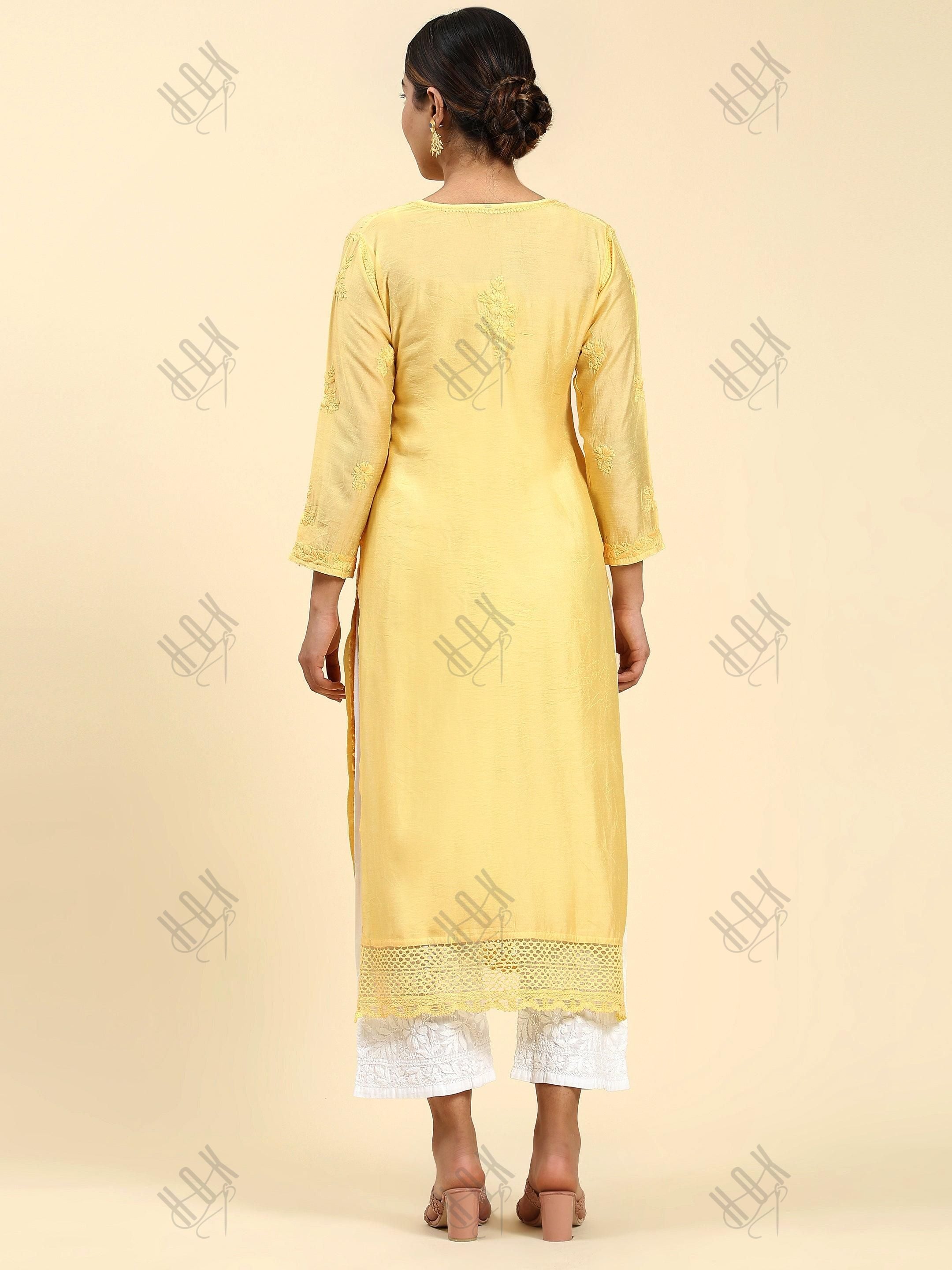 Samma Chikankari Long Kurta in Chanderi Silk for Women - Yellow - House Of Kari (Chikankari Clothing)