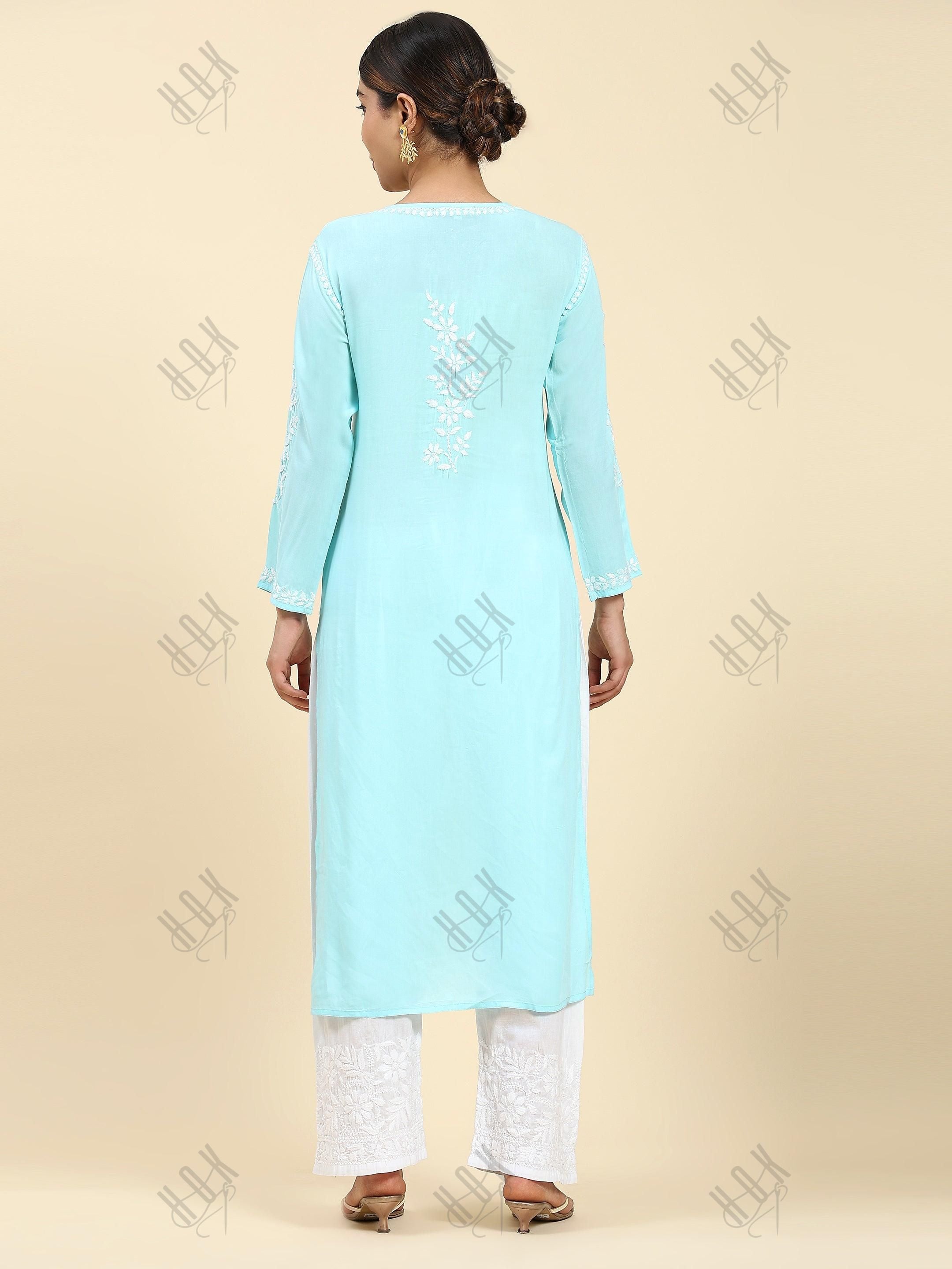 Samma Chikankari Long Kurti In Modal Cotton for Women- Blue - House Of Kari (Chikankari Clothing)