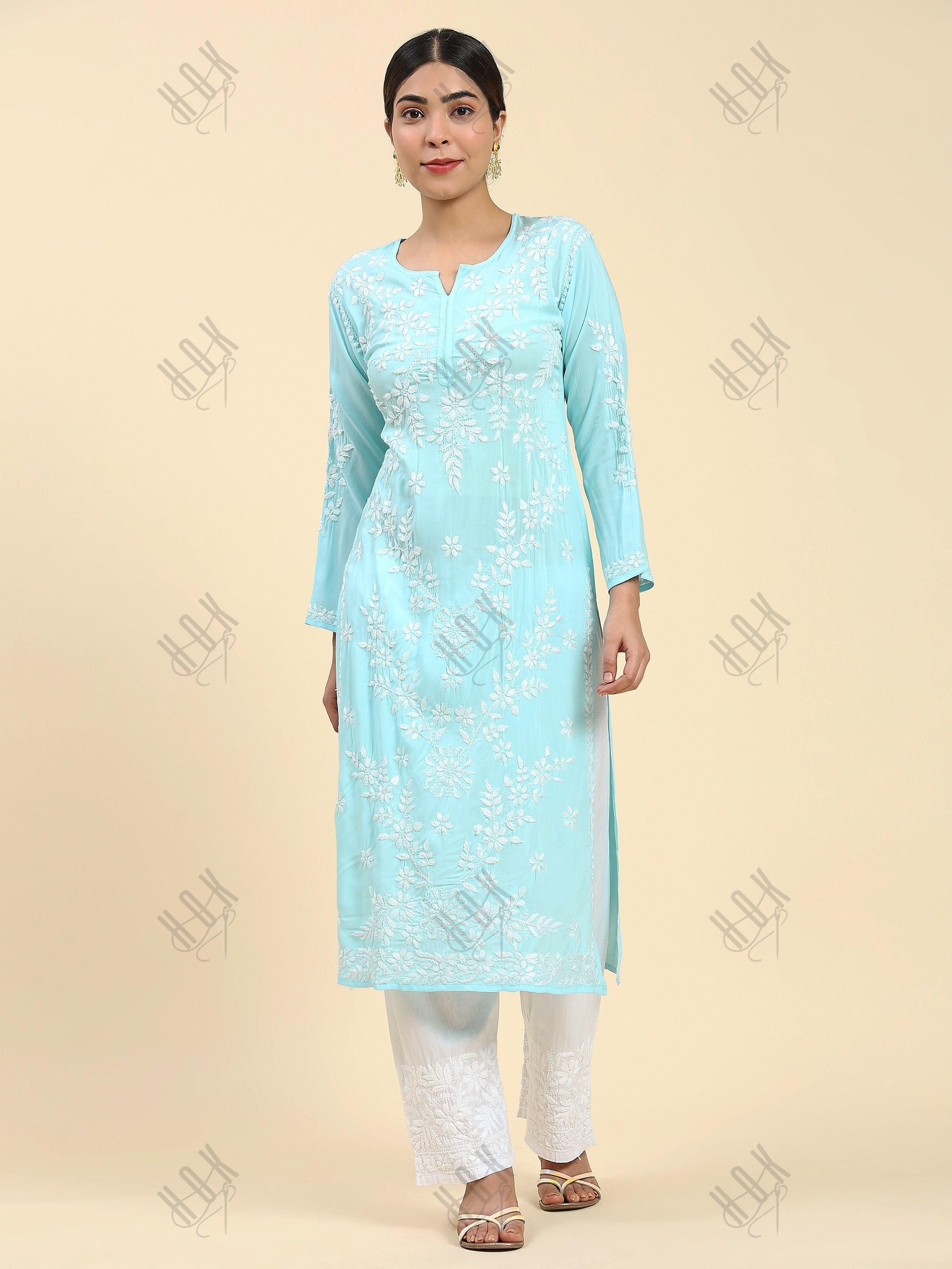 Samma Chikankari Long Kurti In Modal Cotton for Women- Blue - House Of Kari (Chikankari Clothing)