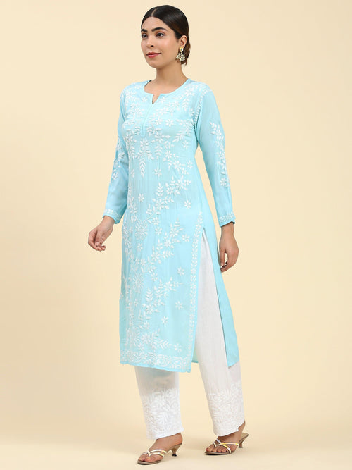 Samma Chikankari Long Kurti In Modal Cotton for Women- Blue - House Of Kari (Chikankari Clothing)