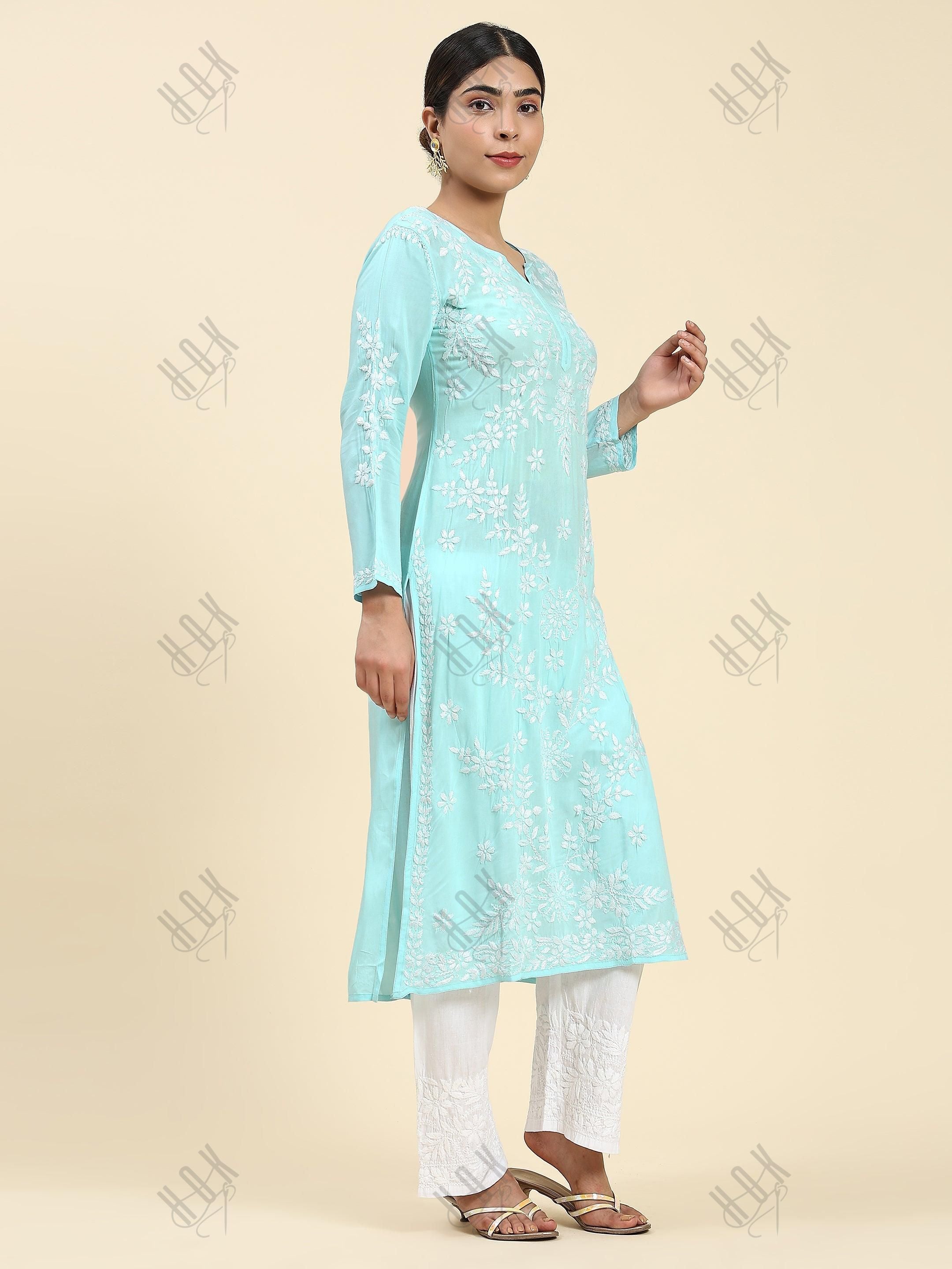 Samma Chikankari Long Kurti In Modal Cotton for Women- Blue - House Of Kari (Chikankari Clothing)