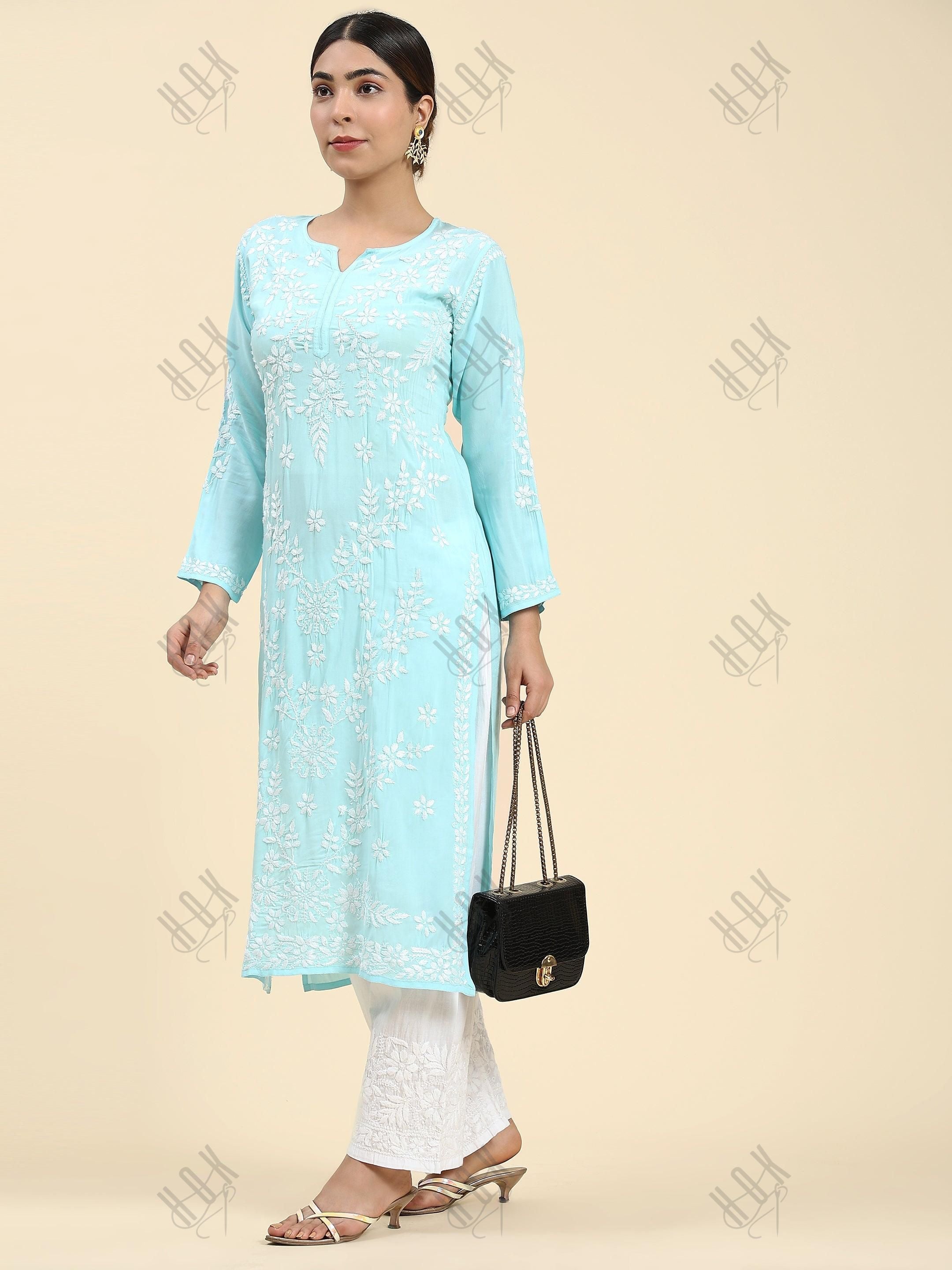 Samma Chikankari Long Kurti In Modal Cotton for Women- Blue - House Of Kari (Chikankari Clothing)