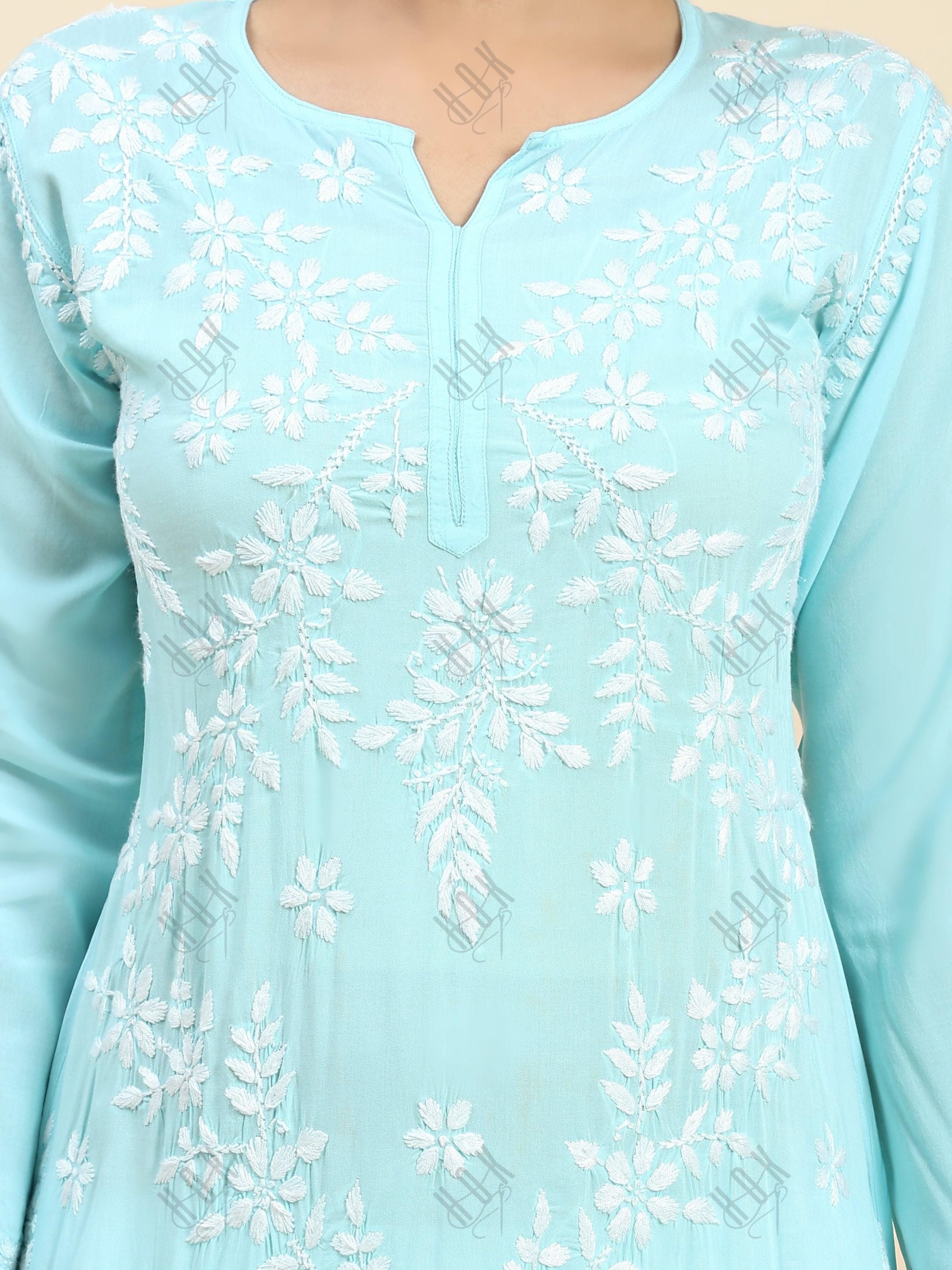 Samma Chikankari Long Kurti In Modal Cotton for Women- Blue - House Of Kari (Chikankari Clothing)