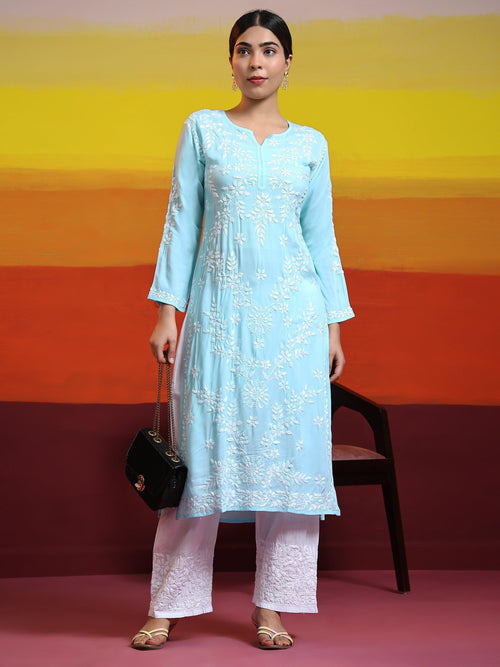 Samma Chikankari Long Kurti In Modal Cotton for Women- Blue - House Of Kari (Chikankari Clothing)