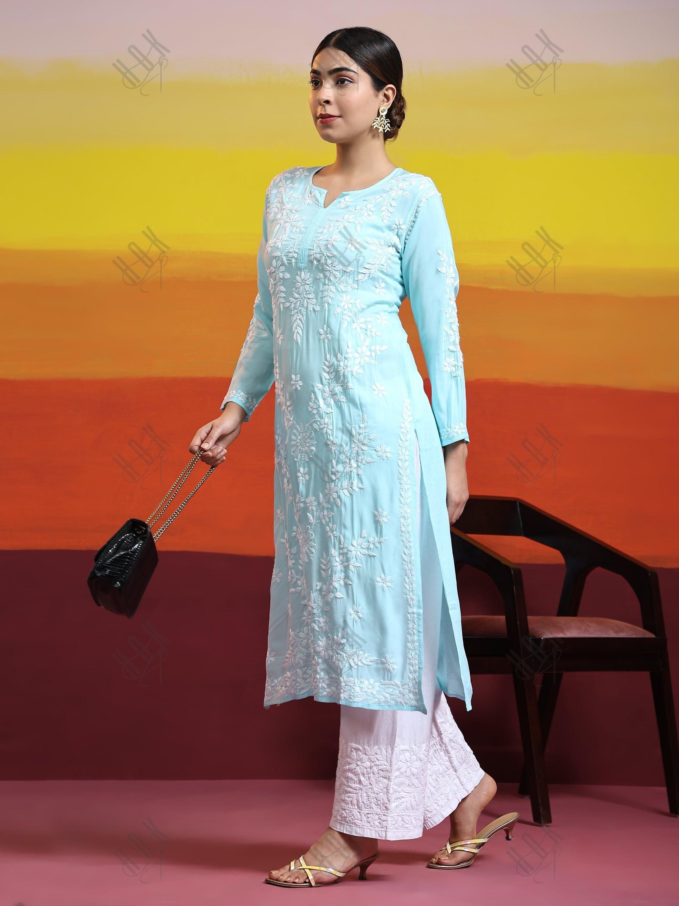 Samma Chikankari Long Kurti In Modal Cotton for Women- Blue - House Of Kari (Chikankari Clothing)