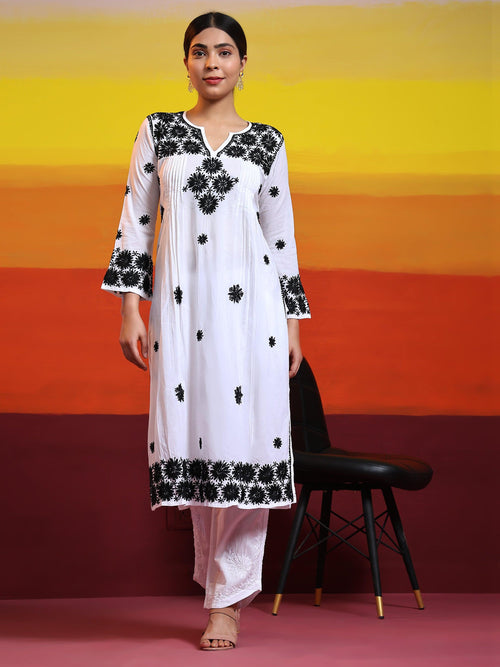 Samma Chikankari Long Kurta in Rayon Cotton for Women- White With Black - House Of Kari (Chikankari Clothing)