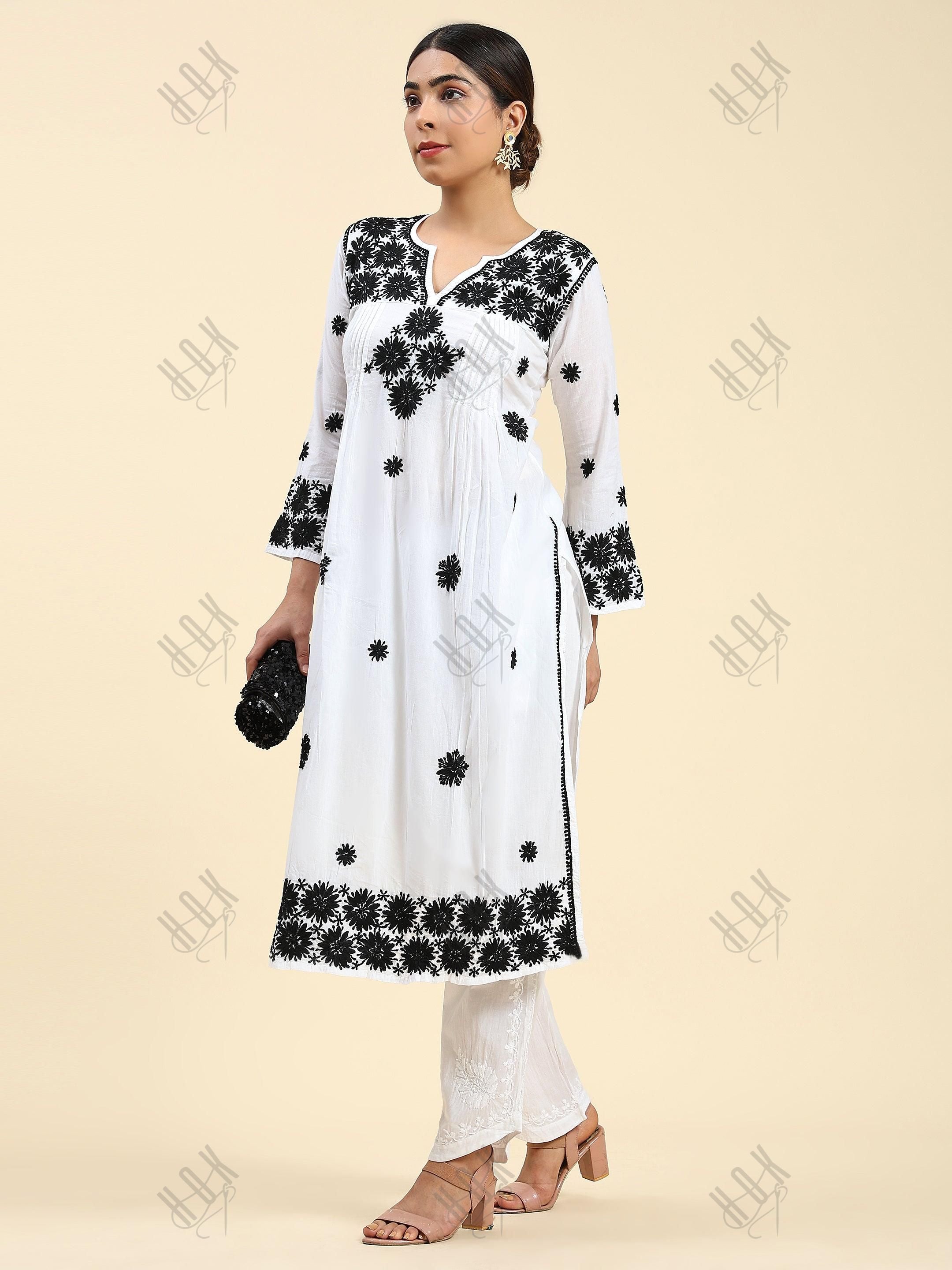 Samma Chikankari Long Kurta in Rayon Cotton for Women- White With Black - House Of Kari (Chikankari Clothing)