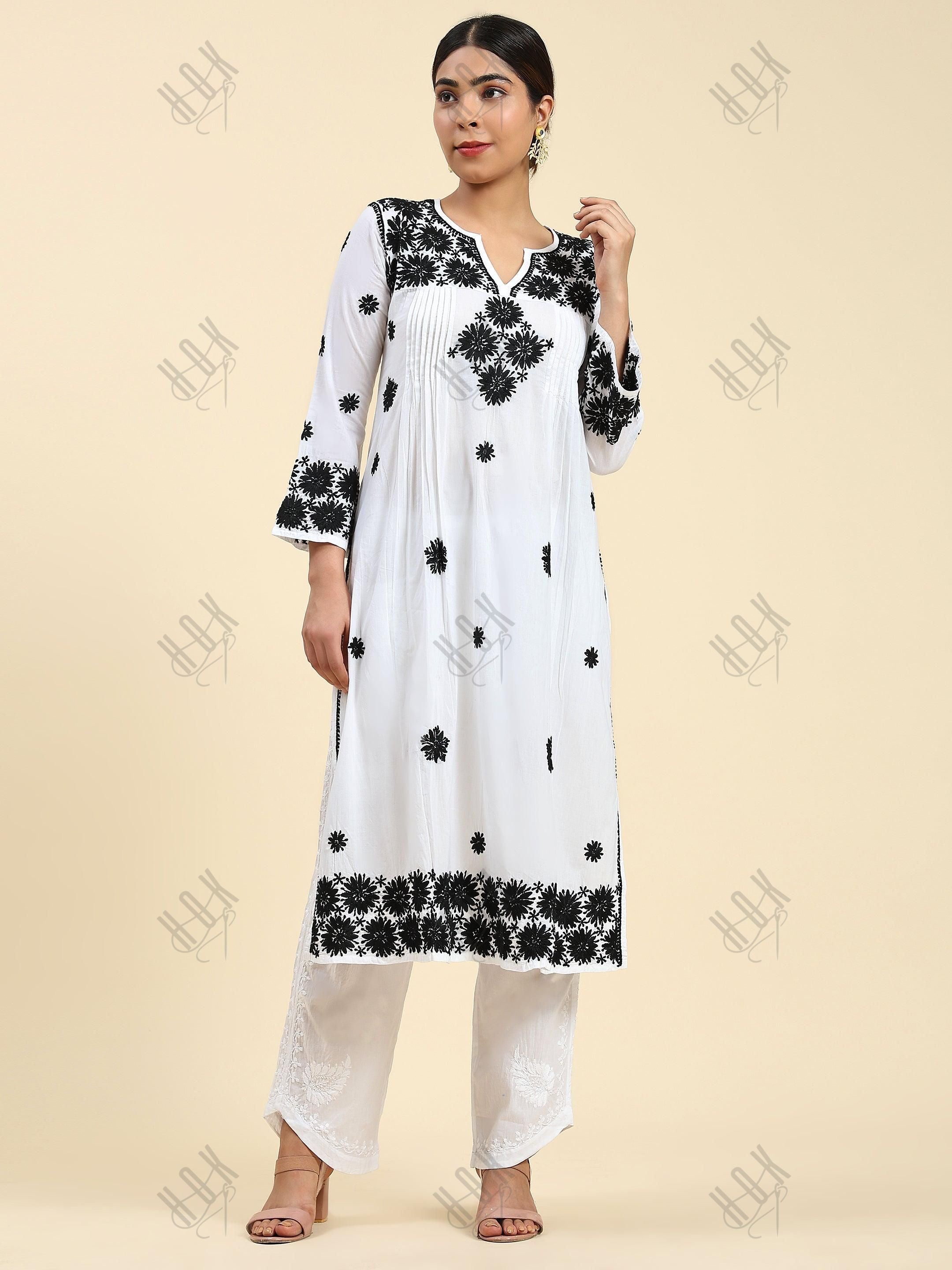 Samma Chikankari Long Kurta in Rayon Cotton for Women- White With Black - House Of Kari (Chikankari Clothing)