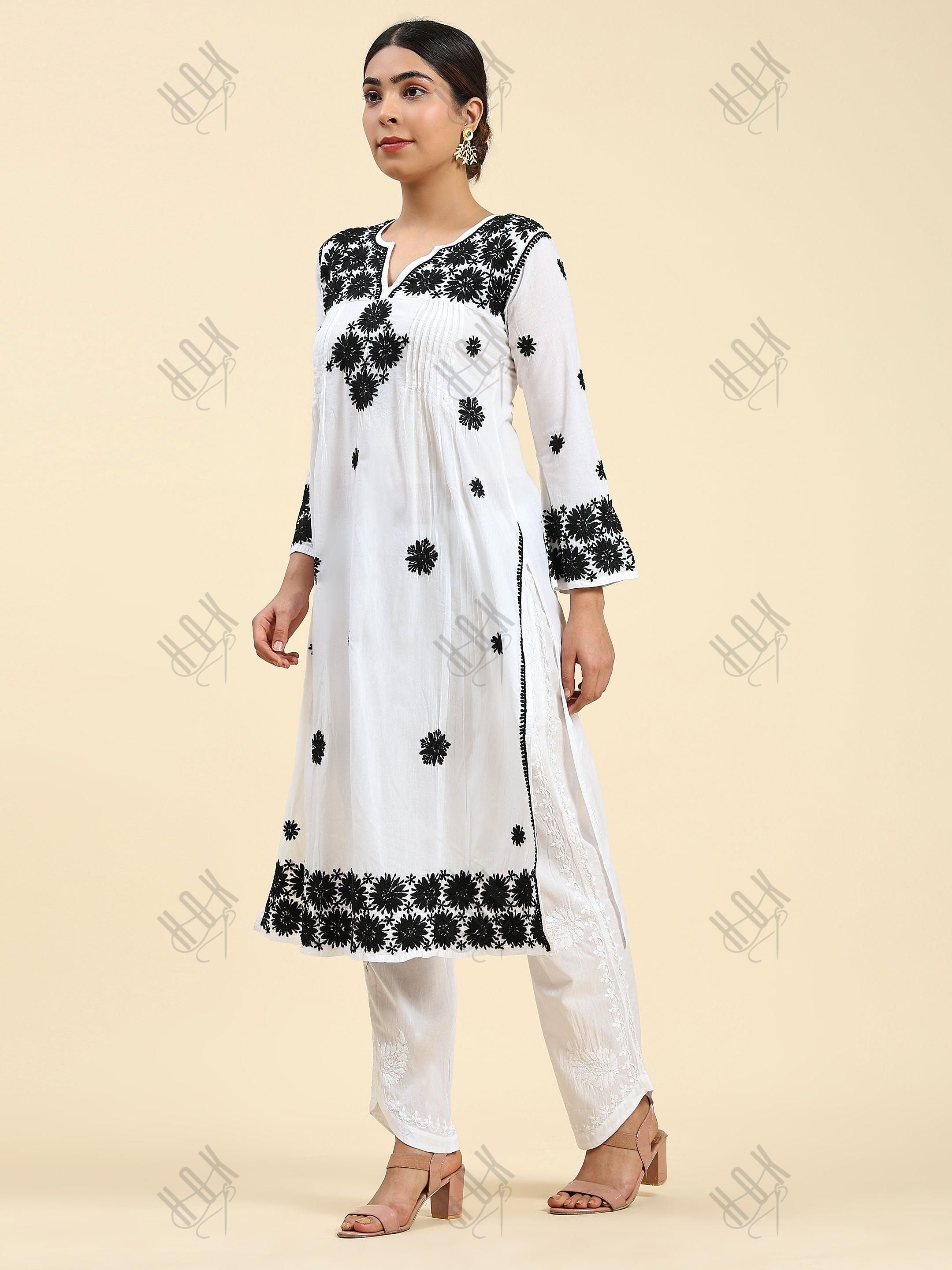 Samma Chikankari Long Kurta in Rayon Cotton for Women- White With Black - House Of Kari (Chikankari Clothing)