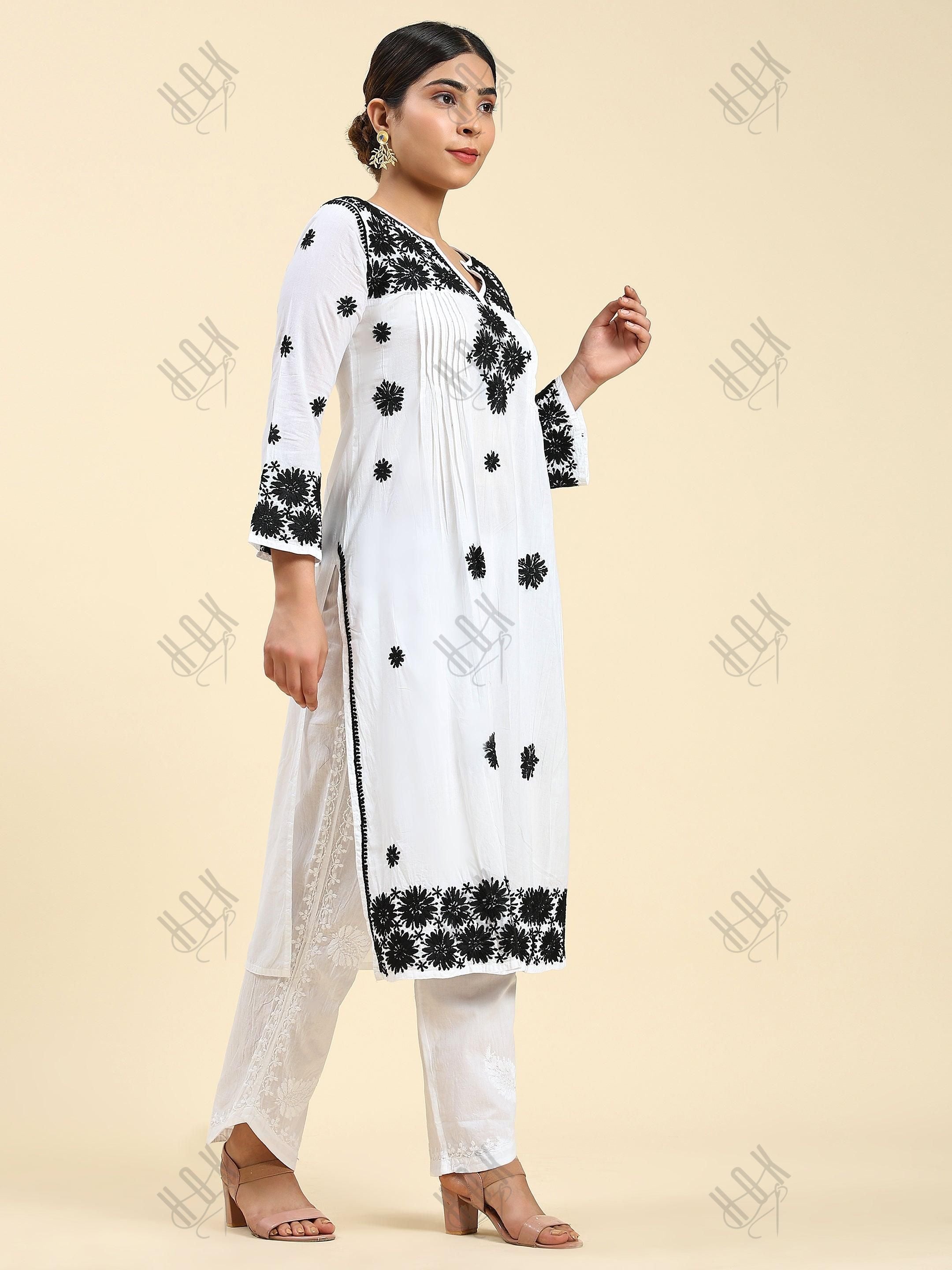 Samma Chikankari Long Kurta in Rayon Cotton for Women- White With Black - House Of Kari (Chikankari Clothing)