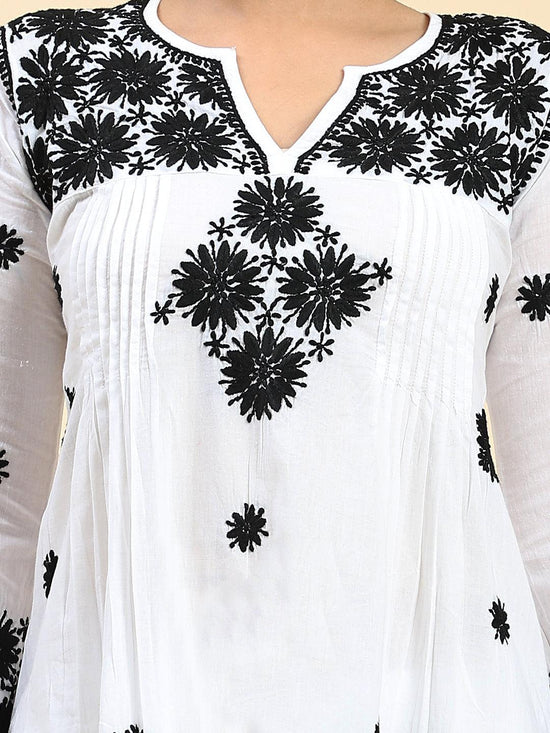 Samma Chikankari Long Kurta in Rayon Cotton for Women- White With Black - House Of Kari (Chikankari Clothing)
