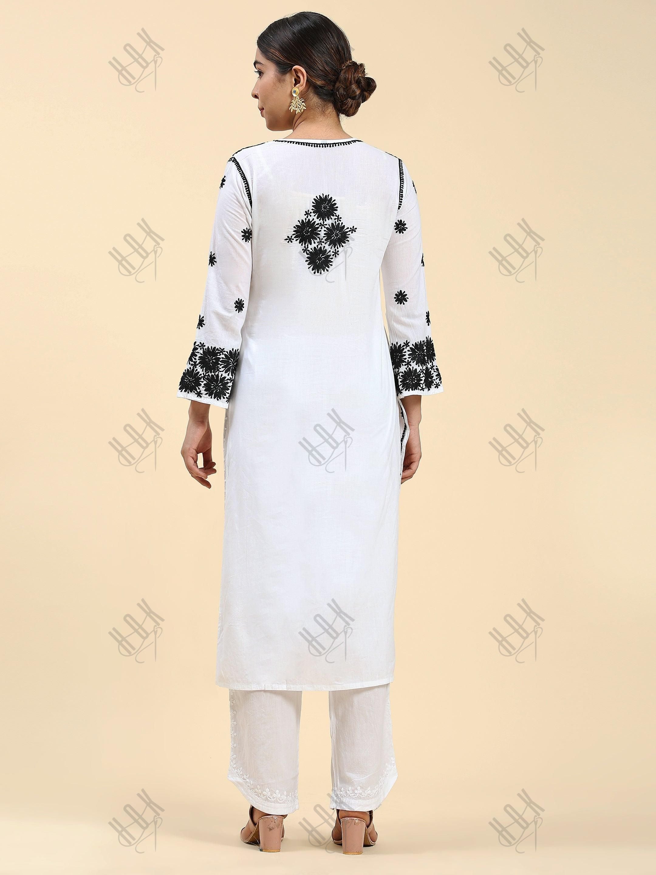 Samma Chikankari Long Kurta in Rayon Cotton for Women- White With Black - House Of Kari (Chikankari Clothing)