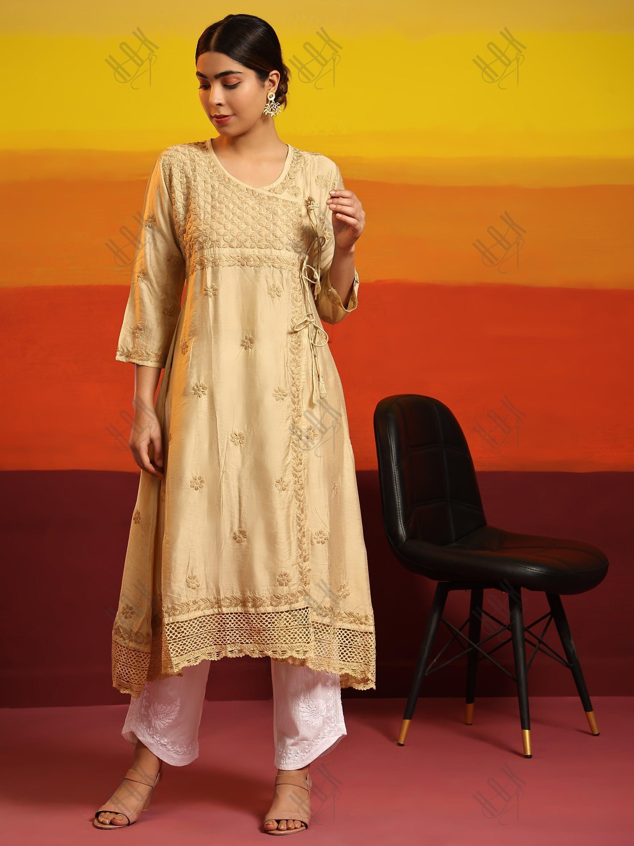 Samma Chikankari Angrakha Long Kurta in Chanderi Silk for Women - Beige - House Of Kari (Chikankari Clothing)