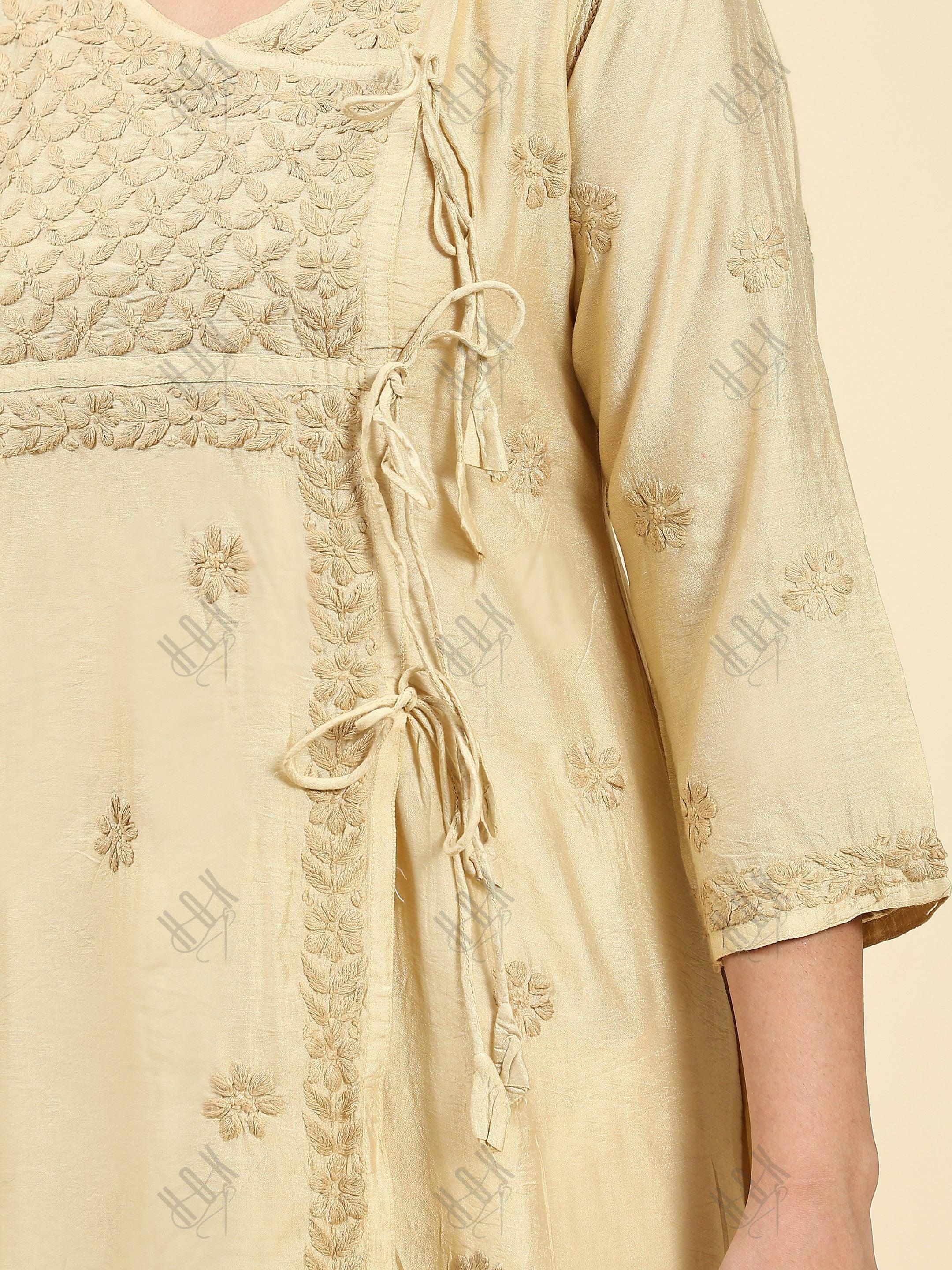 Samma Chikankari Angrakha Long Kurta in Chanderi Silk for Women - Beige - House Of Kari (Chikankari Clothing)