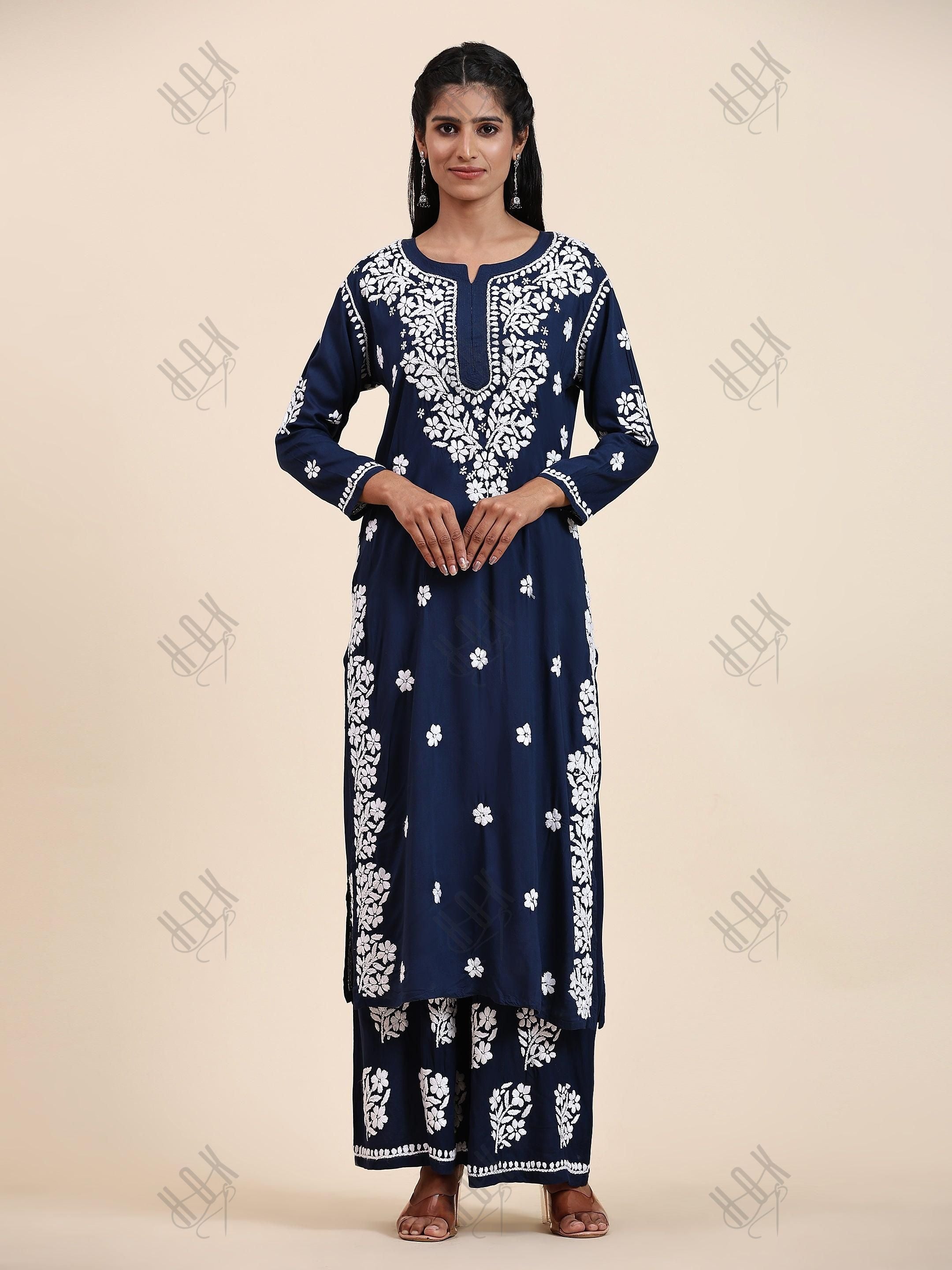 Samma Chikankari CO-ORD Set In Modal Cotton for Women In Blue - House Of Kari (Chikankari Clothing)